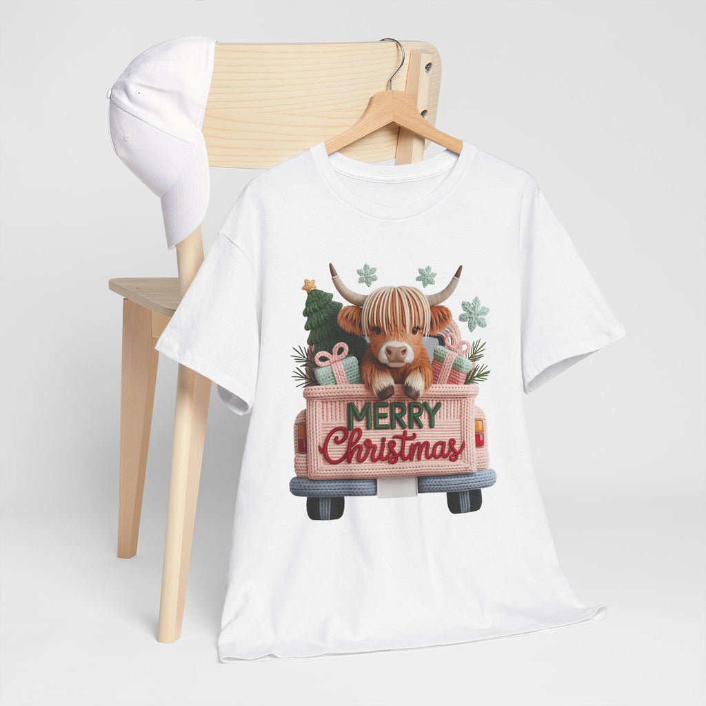 Merry Christmas Highland Cow Knit Truck Unisex Cotton T-Shirt