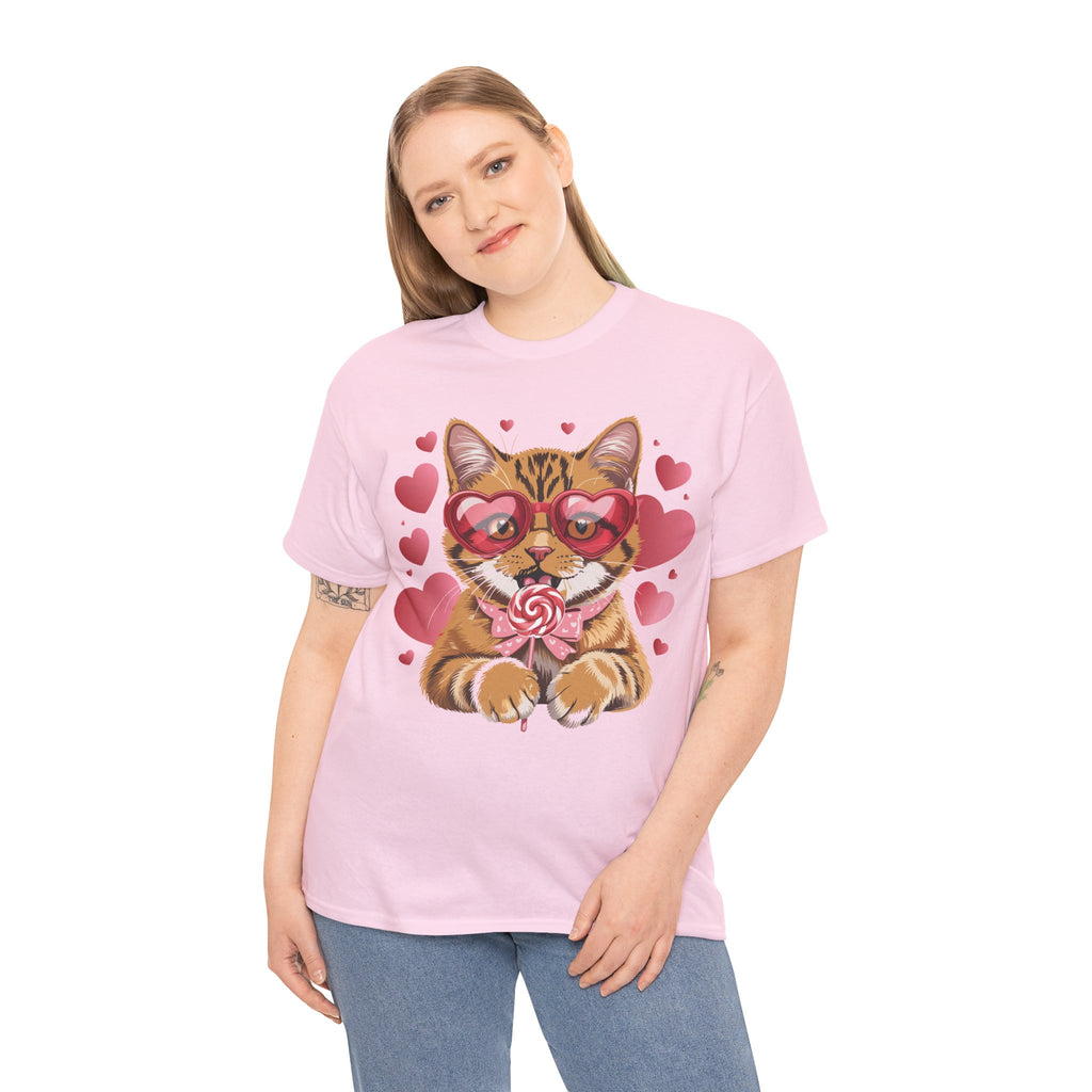 Valentine Cat Tee — Heart Glasses, Lollipop Bow Unisex Cotton Tee