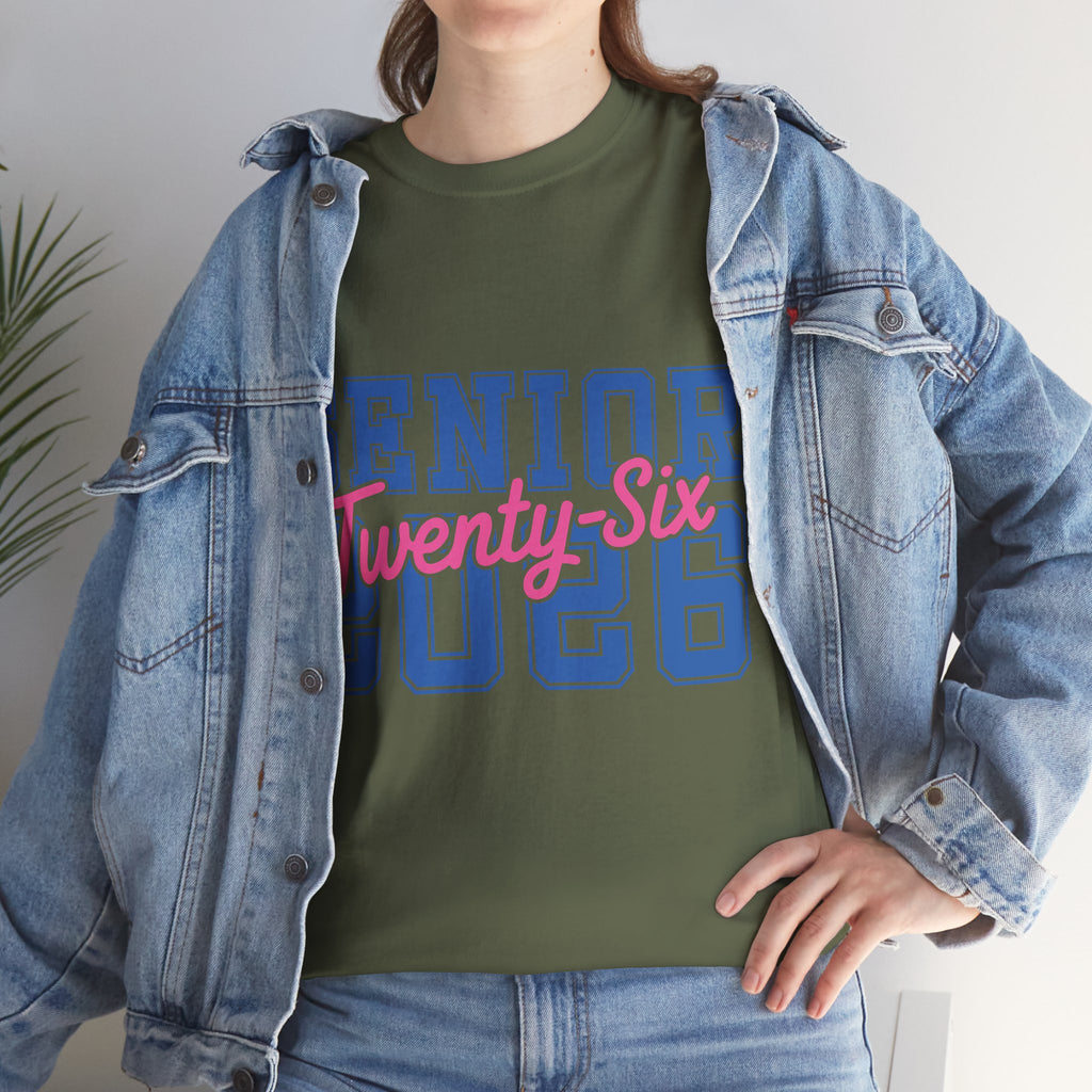 Senior 2026 Tee — Pink Varsity Block with Blue Script Overlay Unisex Cotton Tee