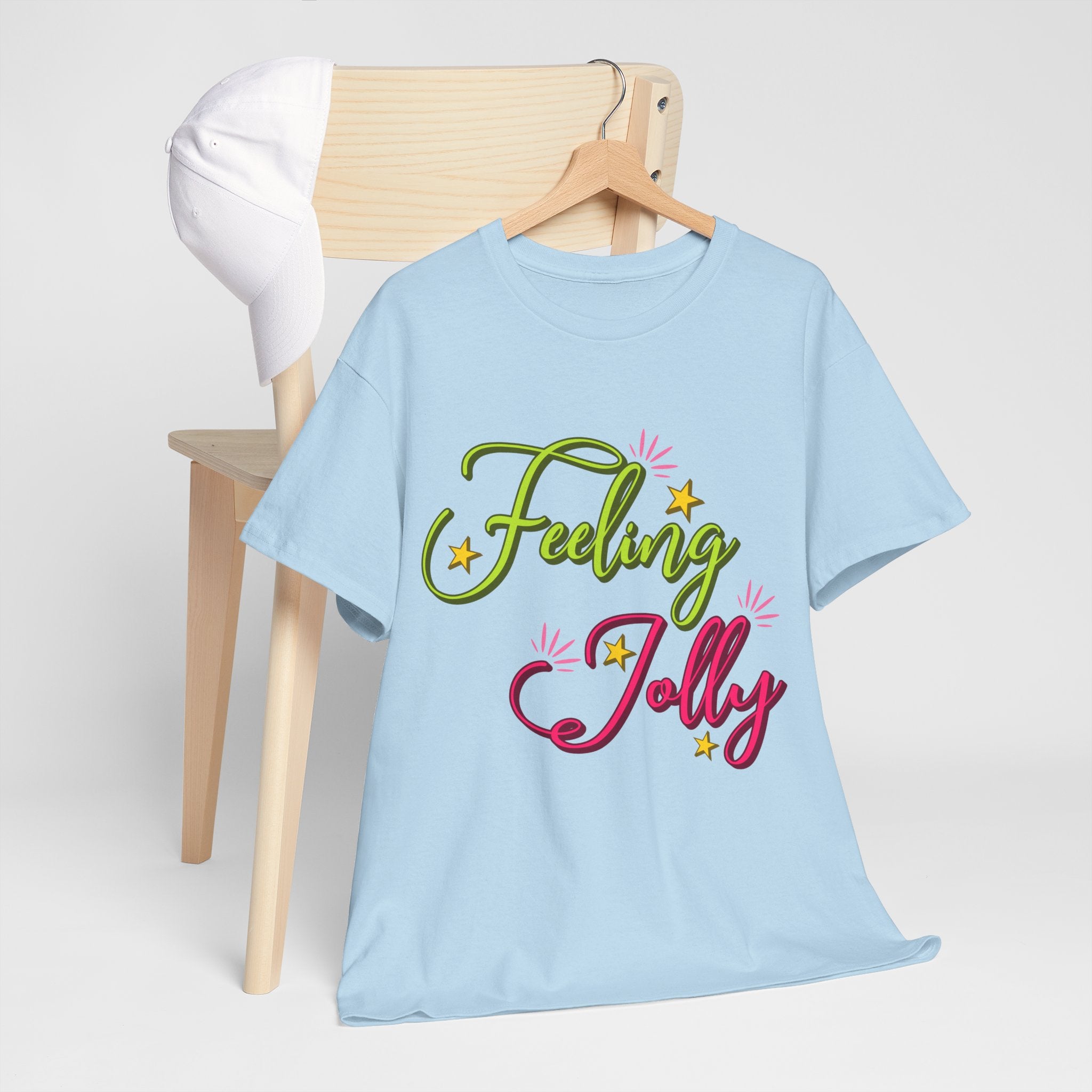 Feeling Jolly Tee — Festive Green & Pink Script with Yellow Stars Unisex Cotton Tee