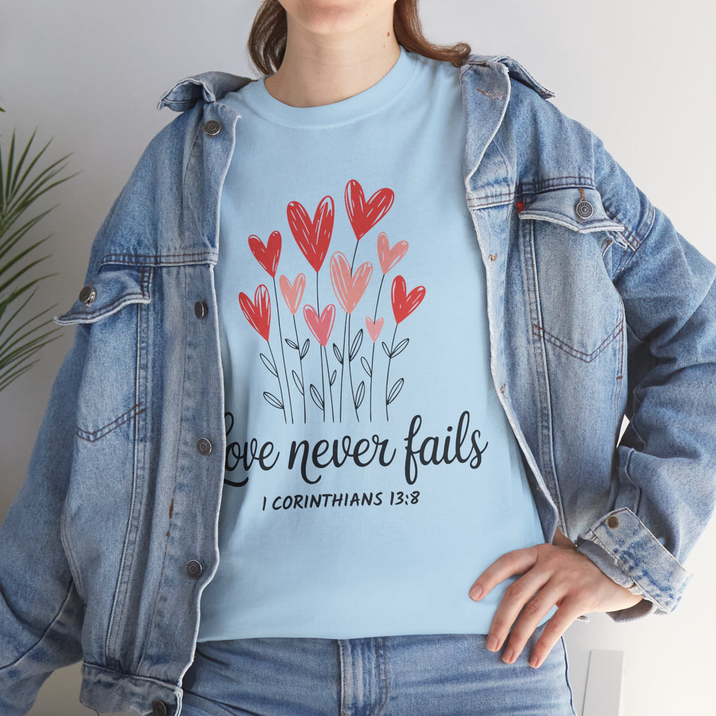 Christian Valentine T-Shirt — "Love Never Fails" (1 Corinthians 13:8) Unisex Cotton Tee