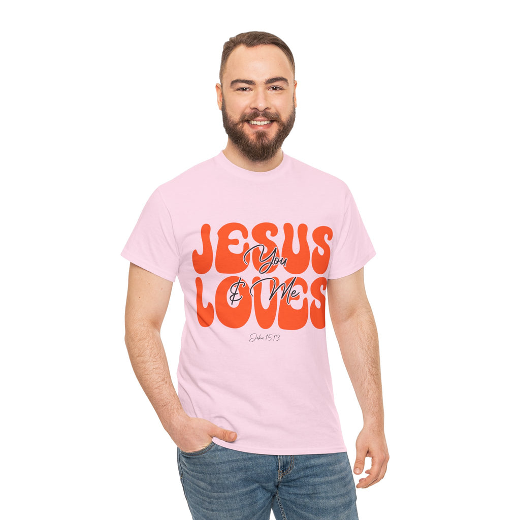 Jesus Loves You & Me Retro Tee — Playful Orange Bubbly Christian Unisex Cotton T-Shirt