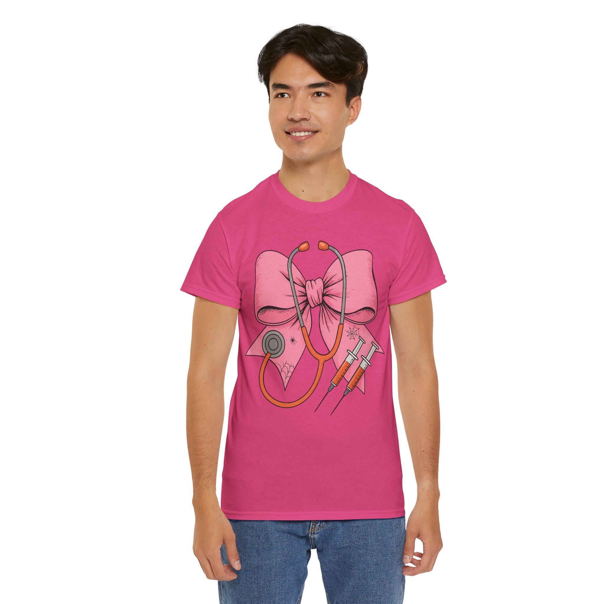 Halloween Nurse T‑Shirt — Pink Nurse Bow with Stethoscope, Syringes & Spider Webs..Unisex Cotton Tee
