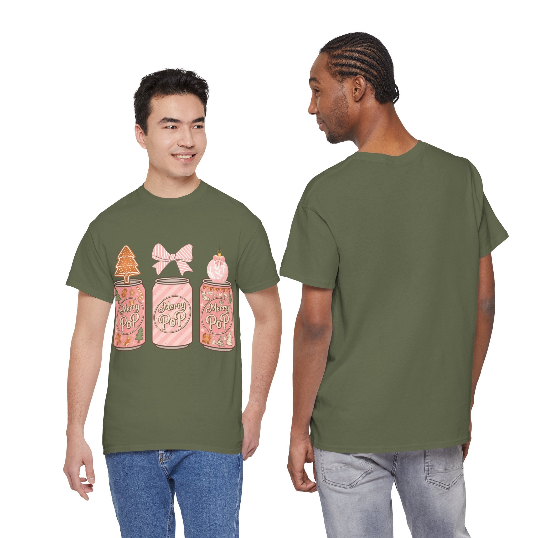 Merry Pop Christmas Soda Can Tee — Pastel Holiday Graphic Unisex Cotton T-Shirt