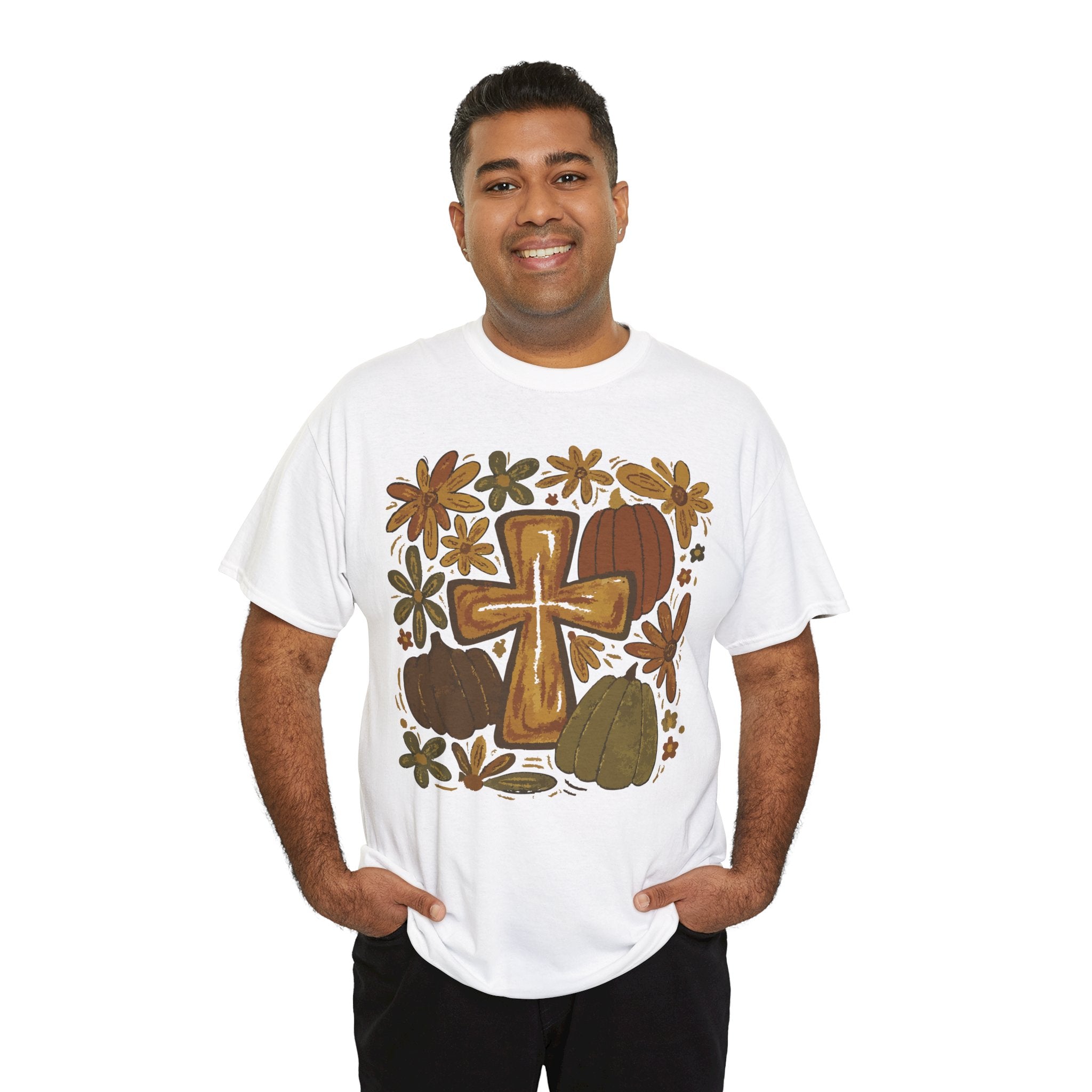 Autumn Cross Tee — Rustic Pumpkin & Fall Floral Christian Unisaex Cotton T-Shirt