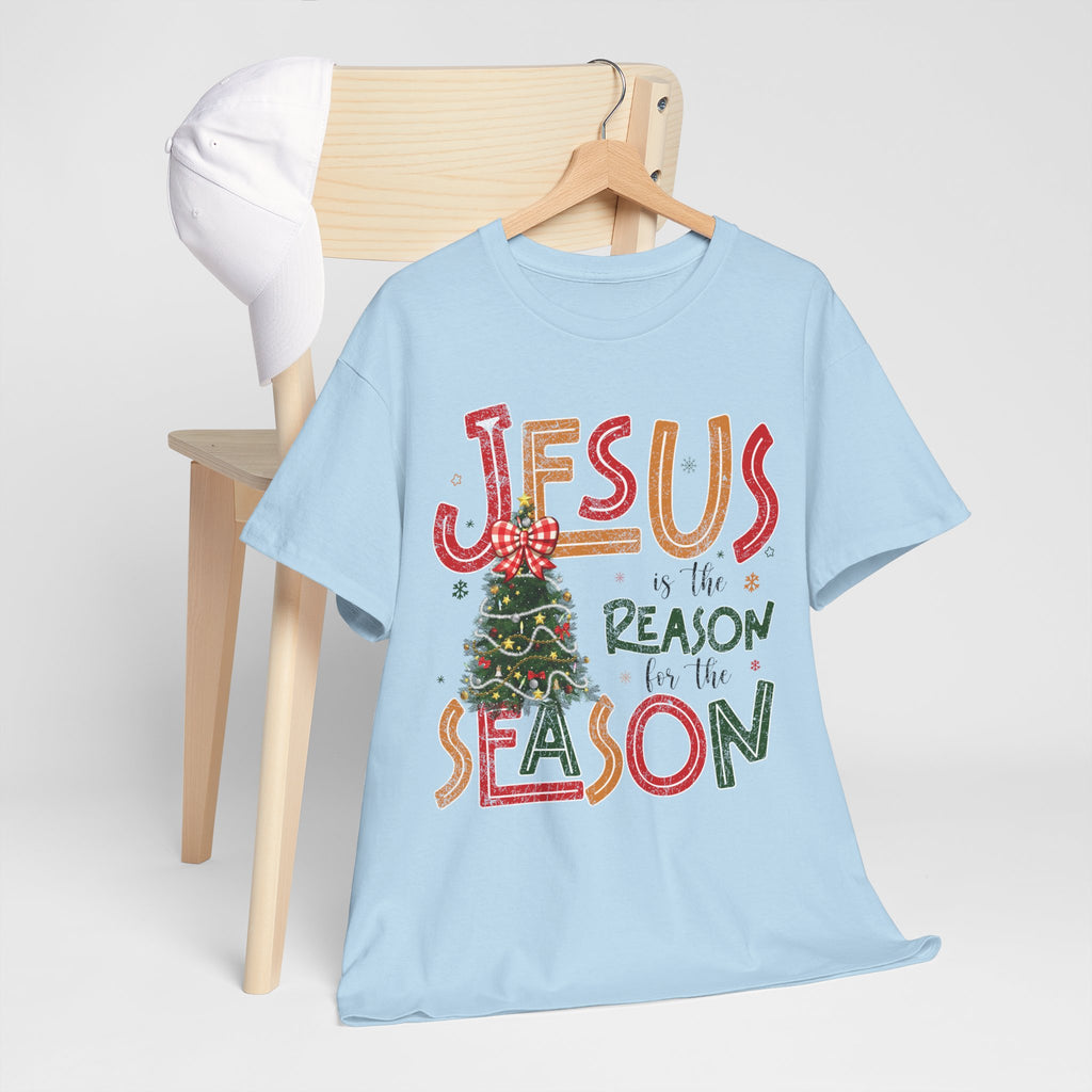Jesus Is the Reason for the Season Christmas T-Shirt — Plaid Bow Tree..Unisex Cotton Tee
