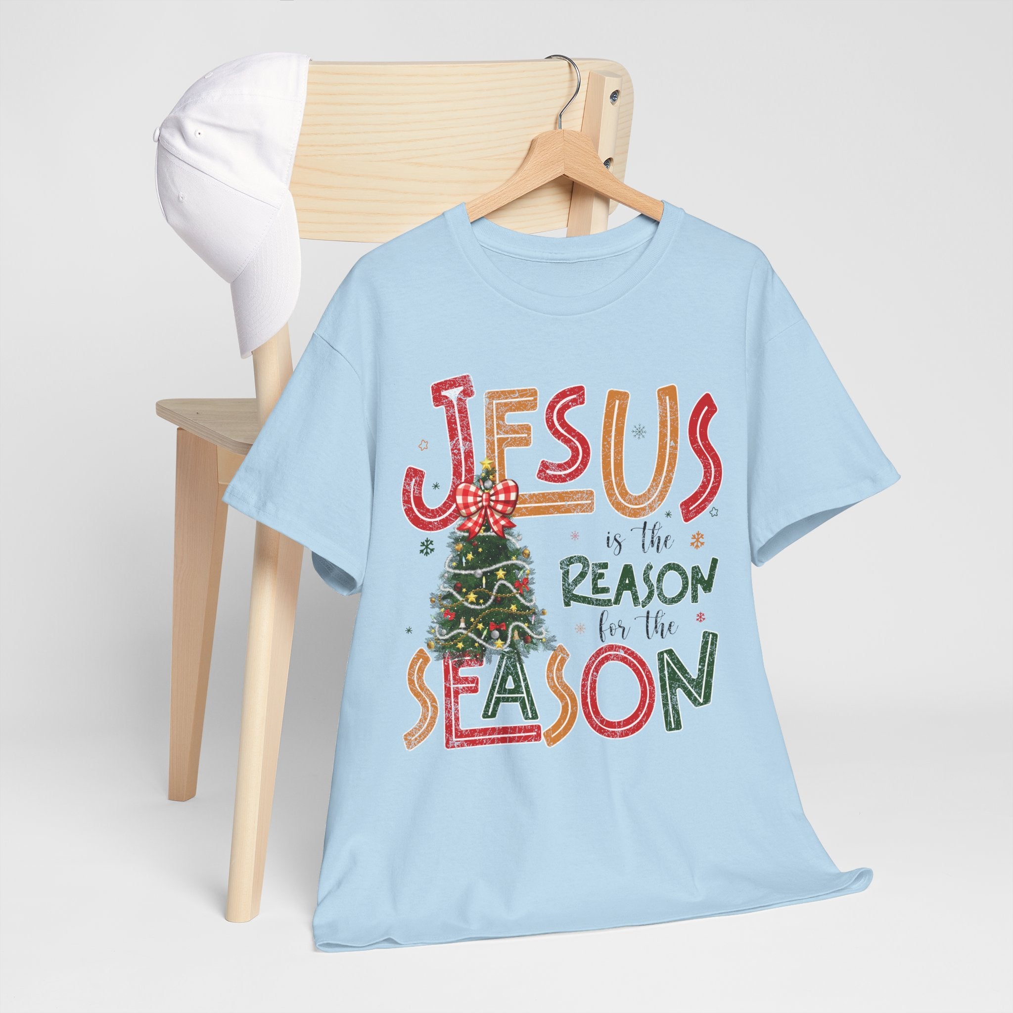 Jesus Is the Reason for the Season Christmas T-Shirt — Plaid Bow Tree..Unisex Cotton Tee
