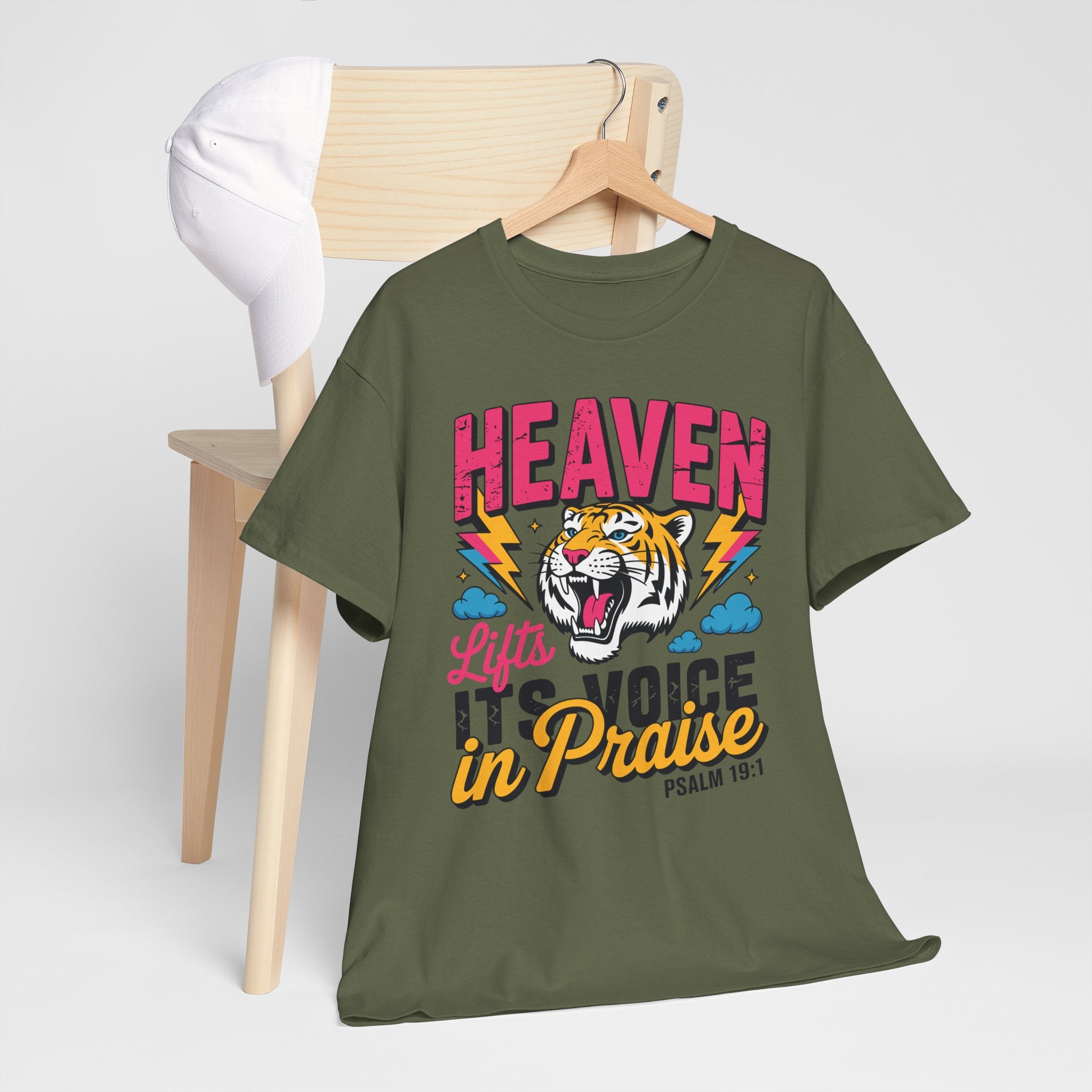 Psalm 19:1 Tiger Praise T-Shirt — Bold Christian Roaring Tiger Graphic.Unisex Cotton Tee