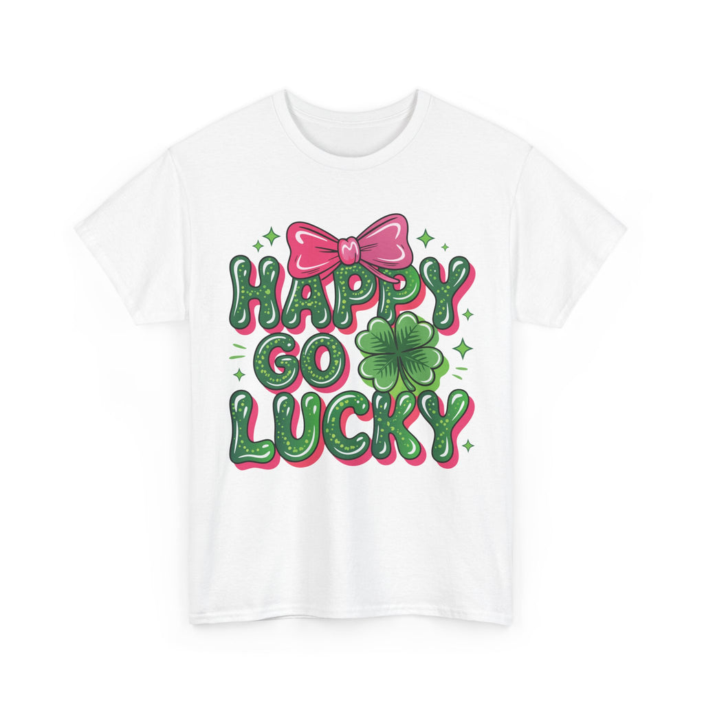 Happy Go Lucky Four-Leaf Clover Tee — Glossy Green Letters & Pink Bow Unisex Cotton Tee