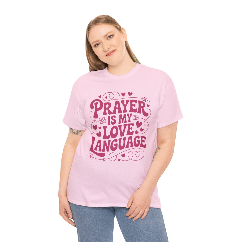 Prayer Is My Love Language Christian Tee — Pastel Pink Hearts Unisex Cotton Tee