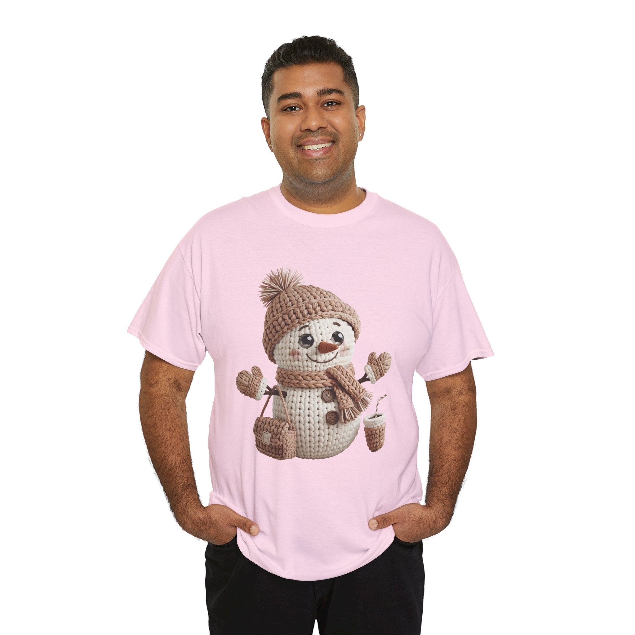 Snowman Knit‑Style Graphic Tee — Cute Faux‑Yarn Snowman with Hat, Scarf & Mittens.Unisex Cotton Tee