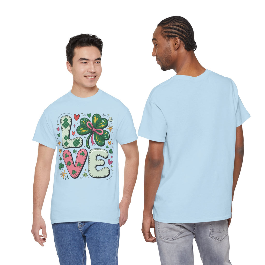 Stitched Clover 'LOVE' Tee — Heart & Patchwork St. Patrick's Unisex Cotton T-Shirt