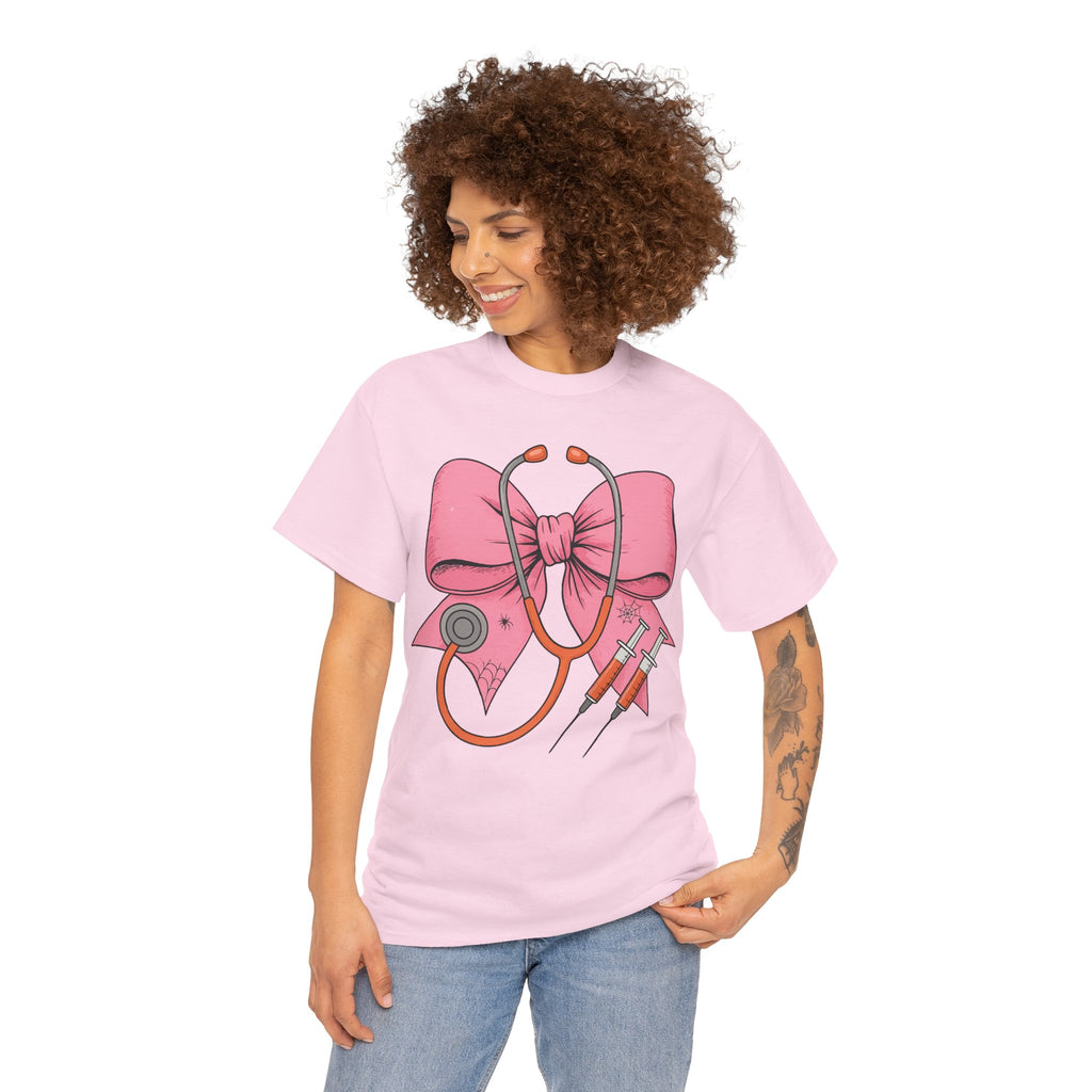 Halloween Nurse T‑Shirt — Pink Nurse Bow with Stethoscope, Syringes & Spider Webs..Unisex Cotton Tee