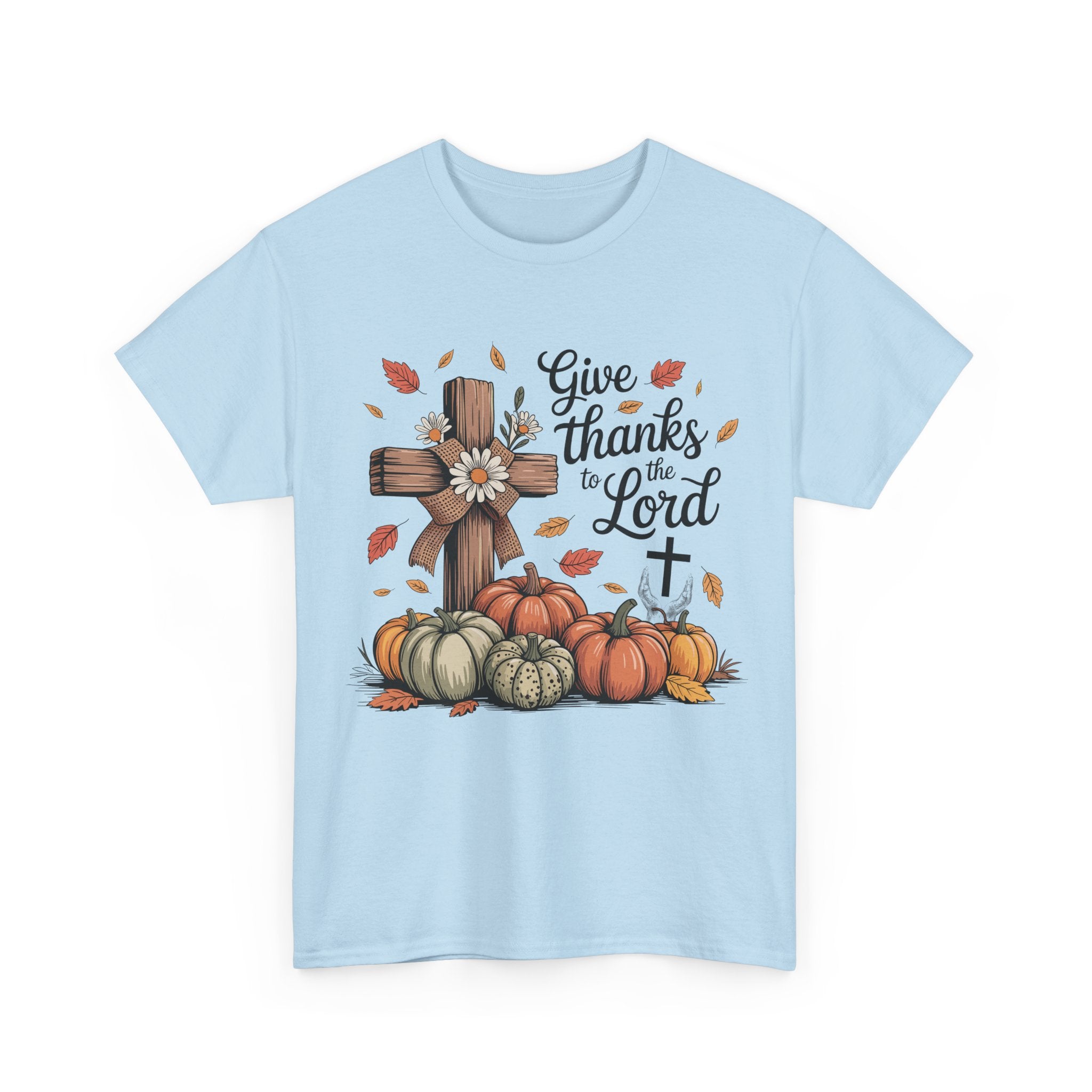 Give Thanks to the Lord Autumn Tee — Wooden Cross, Pumpkins & Daisies..Unisex Cotton Tee