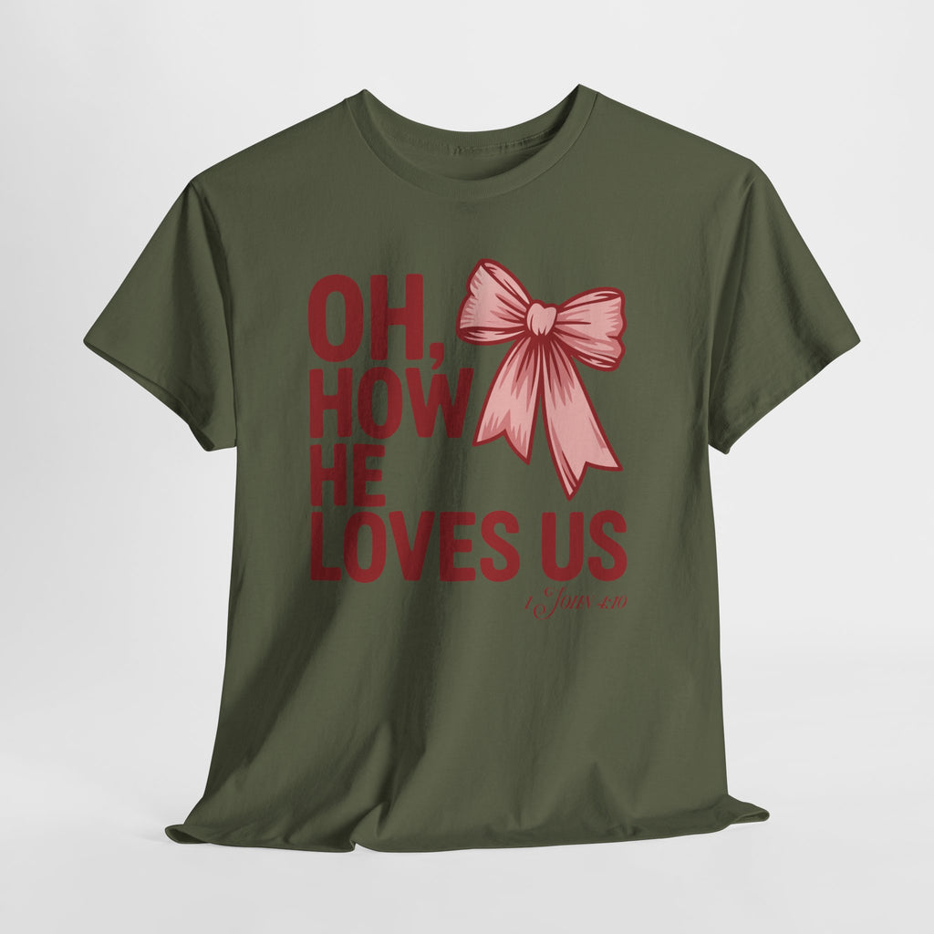 Oh, How He Loves Us Christian Valentine Tee — 1 John 4:10 Red & Pink Unisex Cotton Tee
