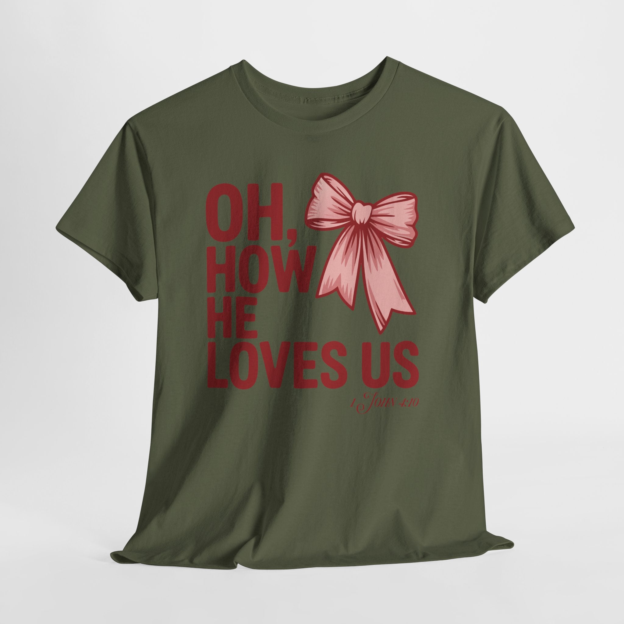 Oh, How He Loves Us Christian Valentine Tee — 1 John 4:10 Red & Pink Unisex Cotton Tee