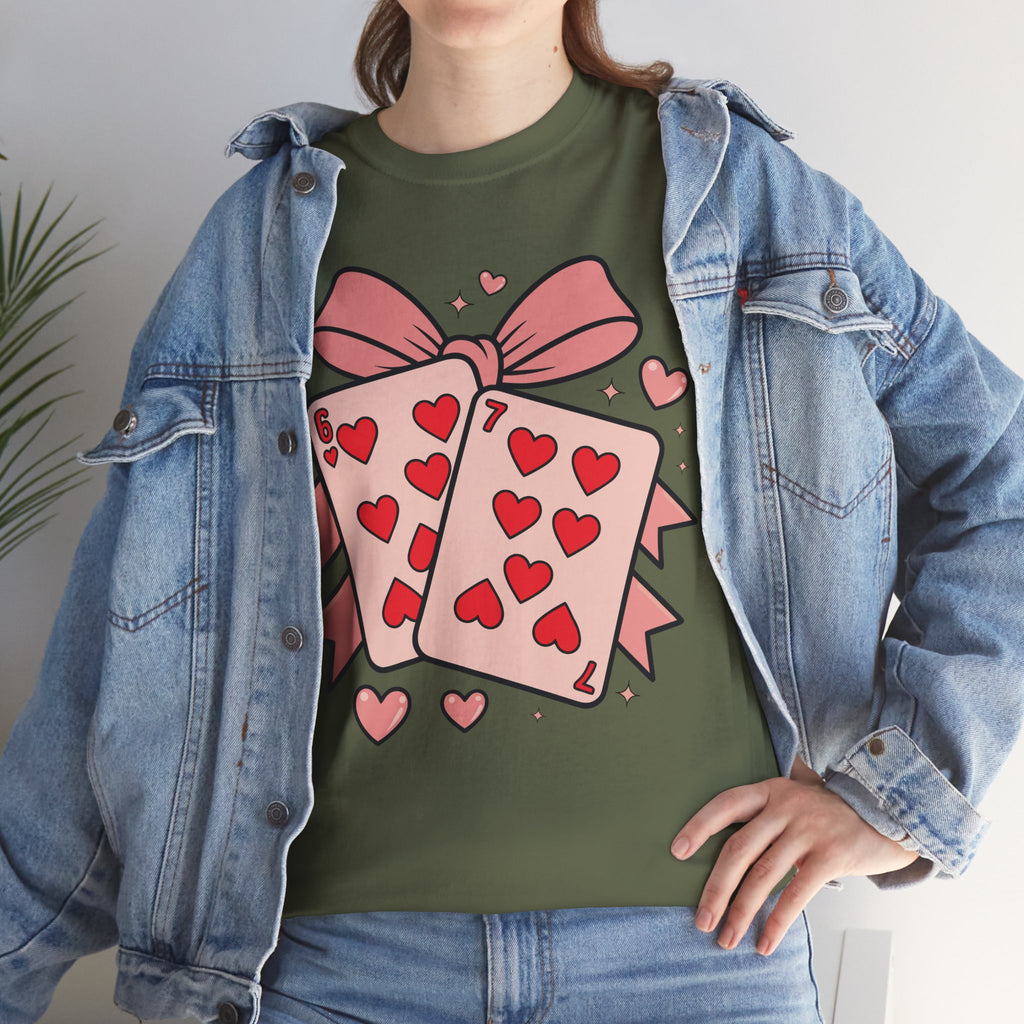 6 & 7 of Hearts T-Shirt — Paired Playing Cards with Pink Bow Unisex Cotton Tee