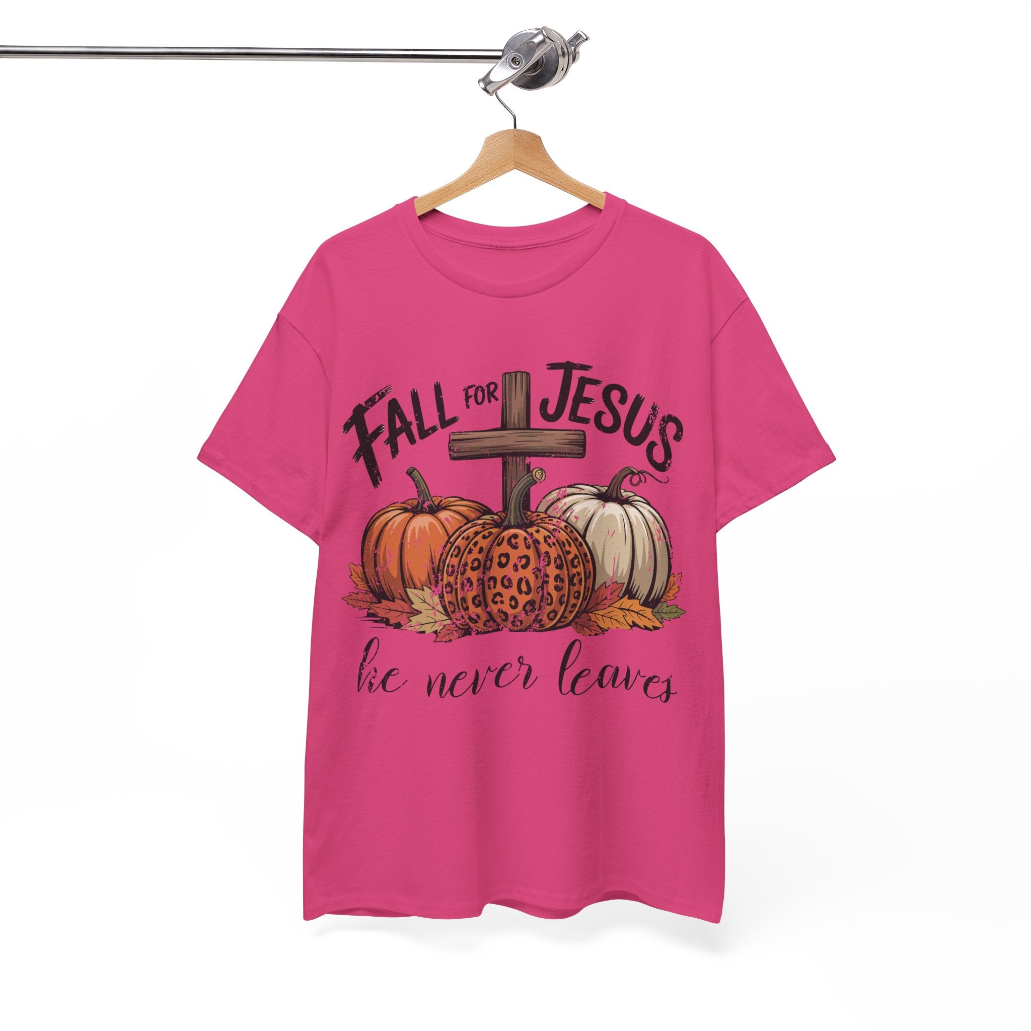 Fall for Jesus Pumpkin Cross Tee — "He Never Leaves" Autumn Christian Unisex Cotton T-Shirt