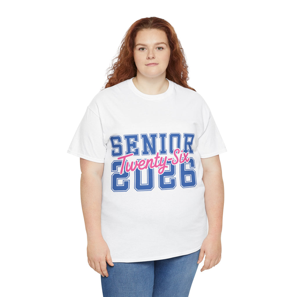 Senior 2026 Tee — Pink Varsity Block with Blue Script Overlay Unisex Cotton Tee
