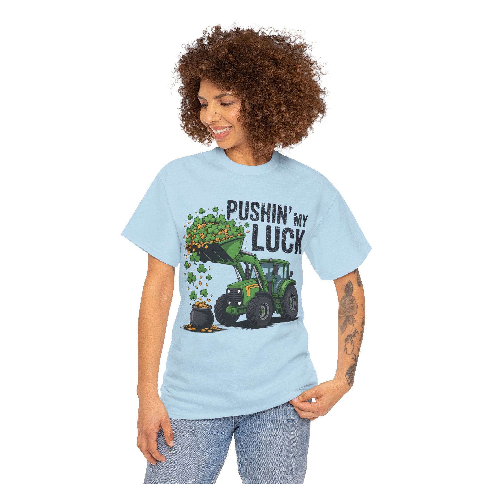 Pushin' My Luck Shamrock Tractor Tee — St. Patrick's Day Unisex Cotton T-Shirt