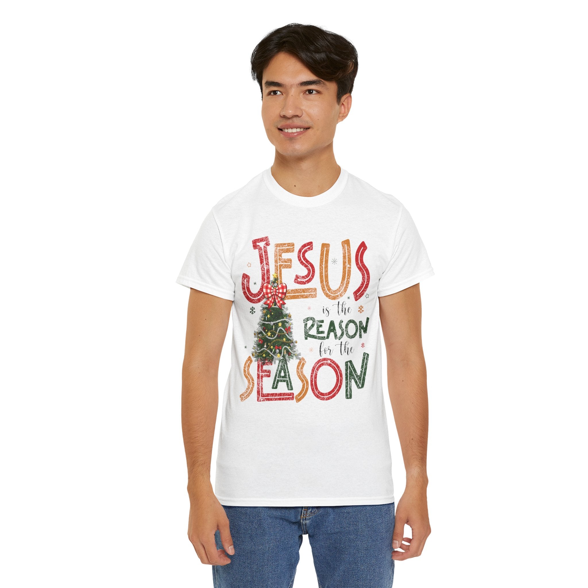 Jesus Is the Reason for the Season Christmas T-Shirt — Plaid Bow Tree..Unisex Cotton Tee
