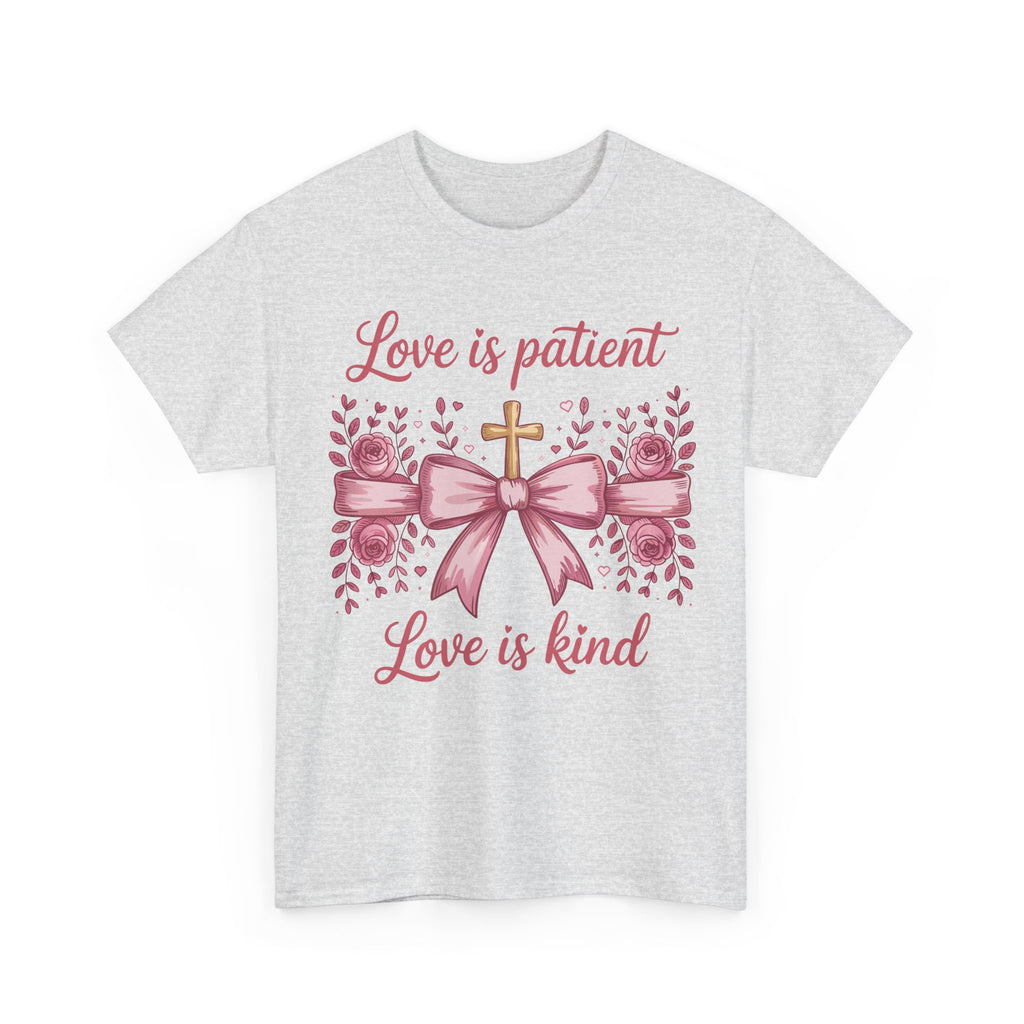 Christian Floral Tee — "Love is Patient, Love is Kind" Pink Rose Cross. Unisex Cotton Tee