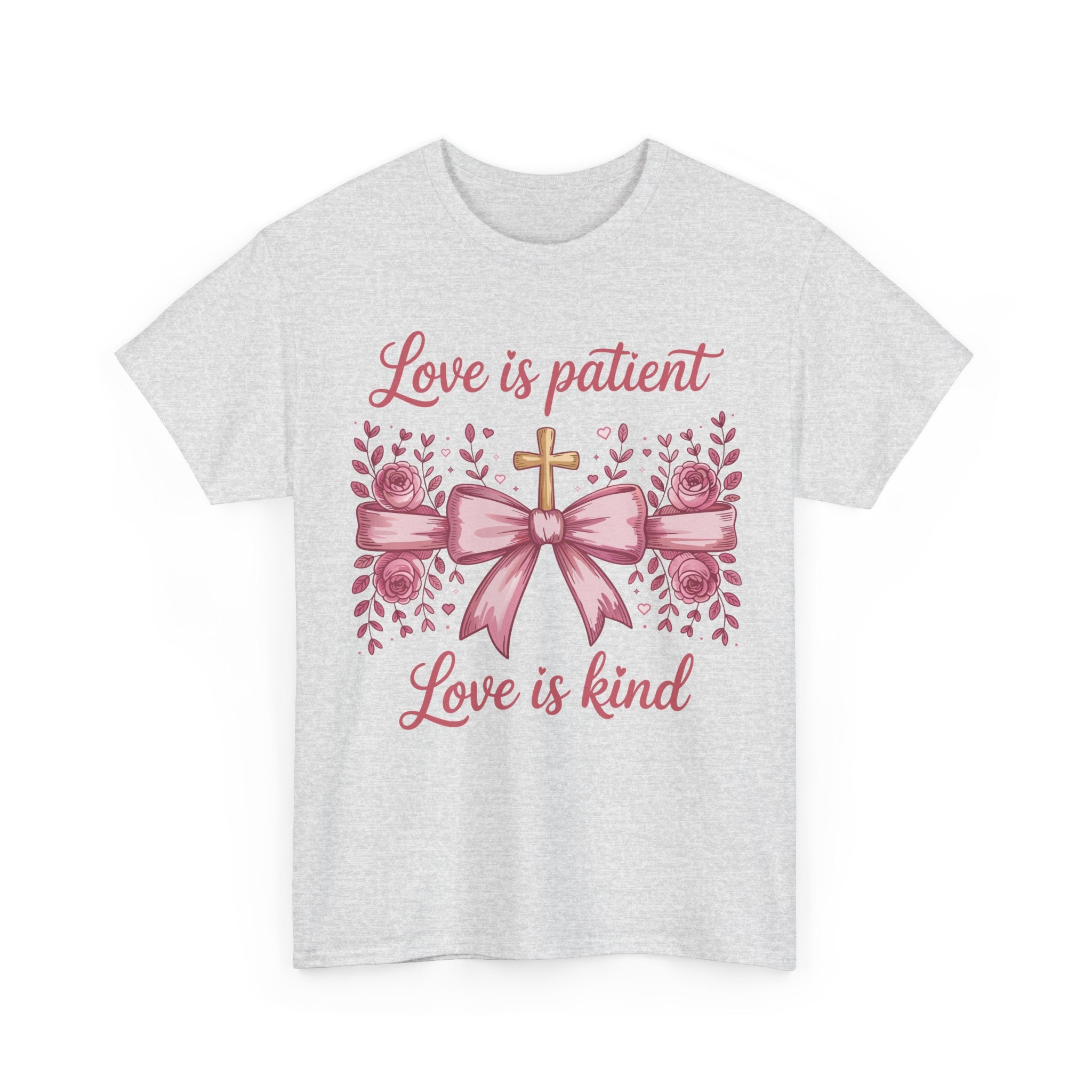 Christian Floral Tee — "Love is Patient, Love is Kind" Pink Rose Cross. Unisex Cotton Tee