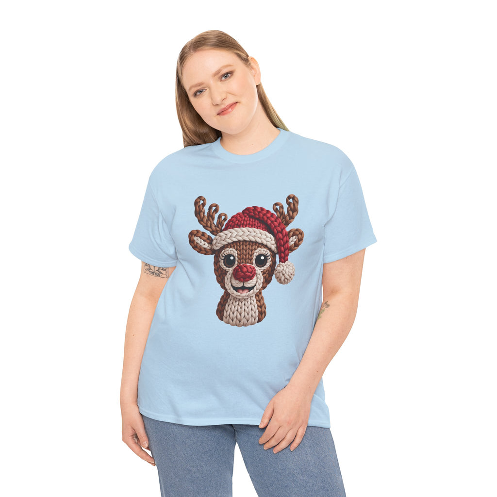 Reindeer in Santa Hat Cotton Tee — Joyful Faux-Yarn Holiday Unisex Coton T-Shirt