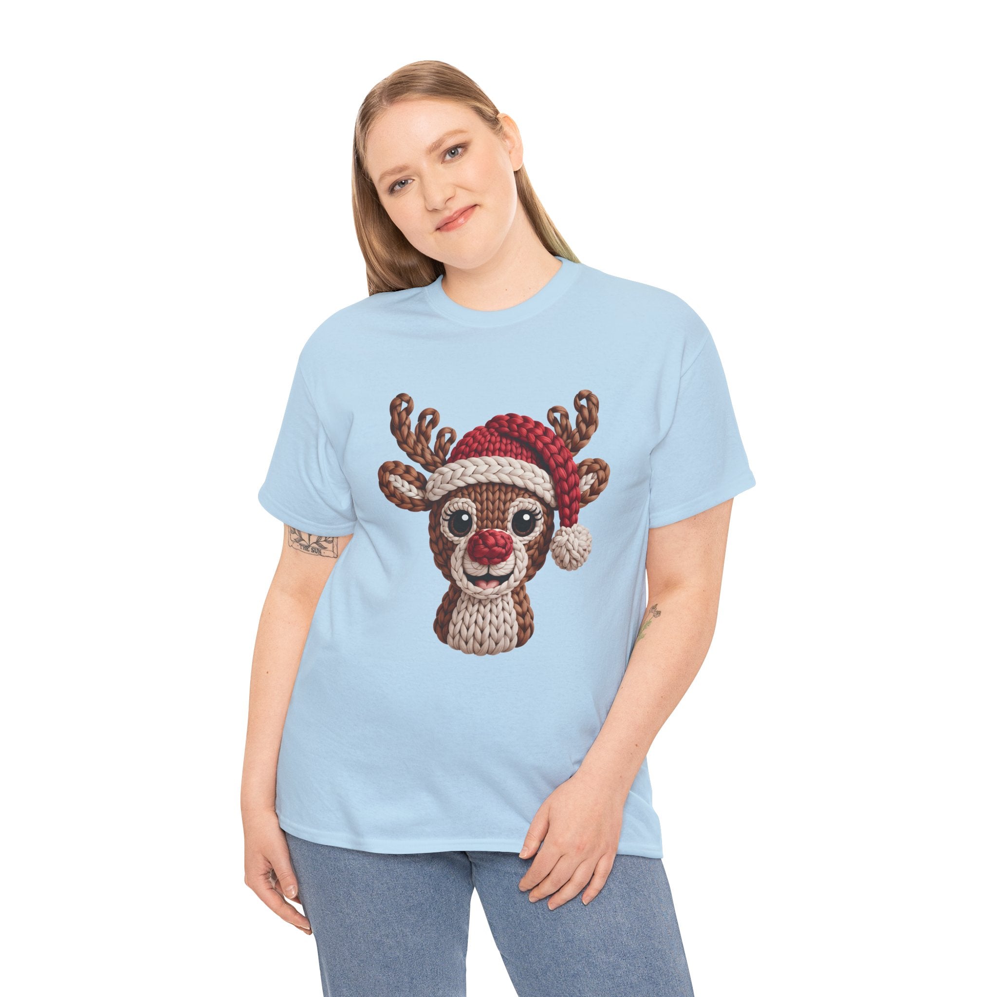 Reindeer in Santa Hat Cotton Tee — Joyful Faux-Yarn Holiday Unisex Coton T-Shirt