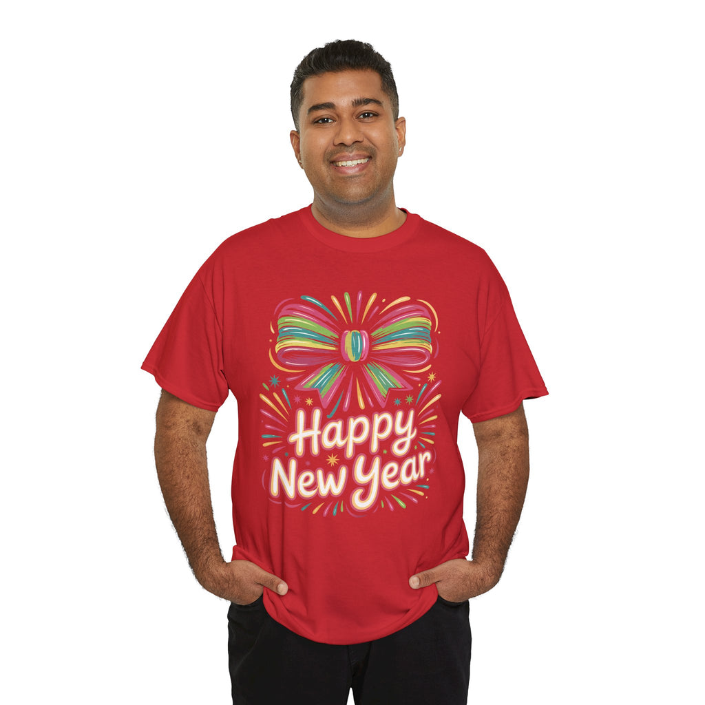 Happy New Year Pastel Tee — Rainbow Bow & Fireworks Celebration Unisex Cotton Tshirt