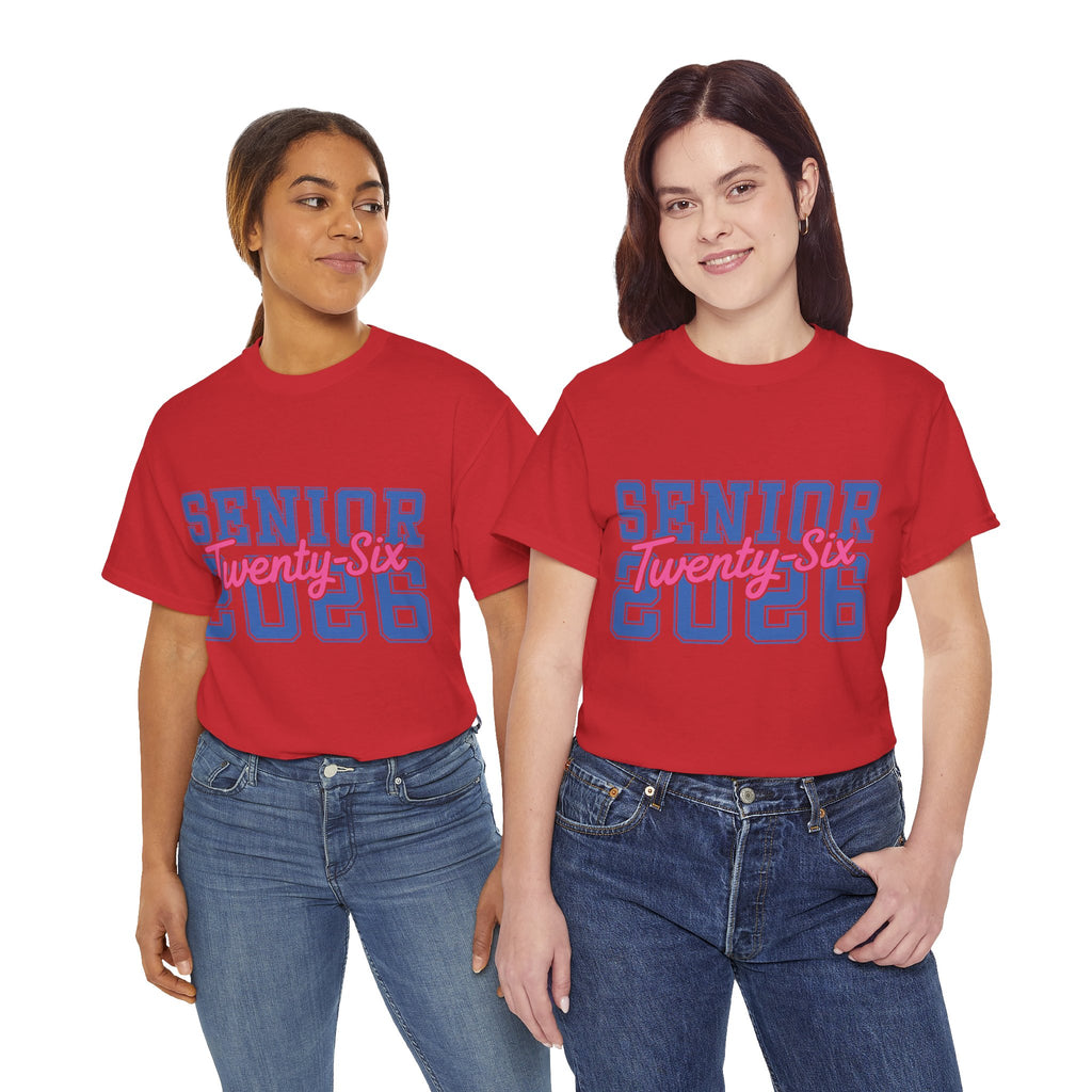 Senior 2026 Tee — Pink Varsity Block with Blue Script Overlay Unisex Cotton Tee