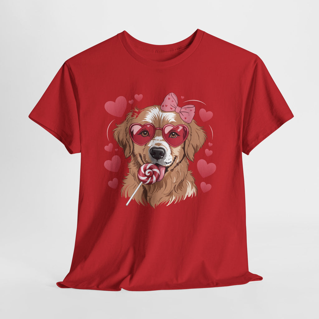 Valentine Dog T-Shirt — Cute Pup with Heart Glasses, Pink Bow & Lollipop..Unisex Cotton Tee