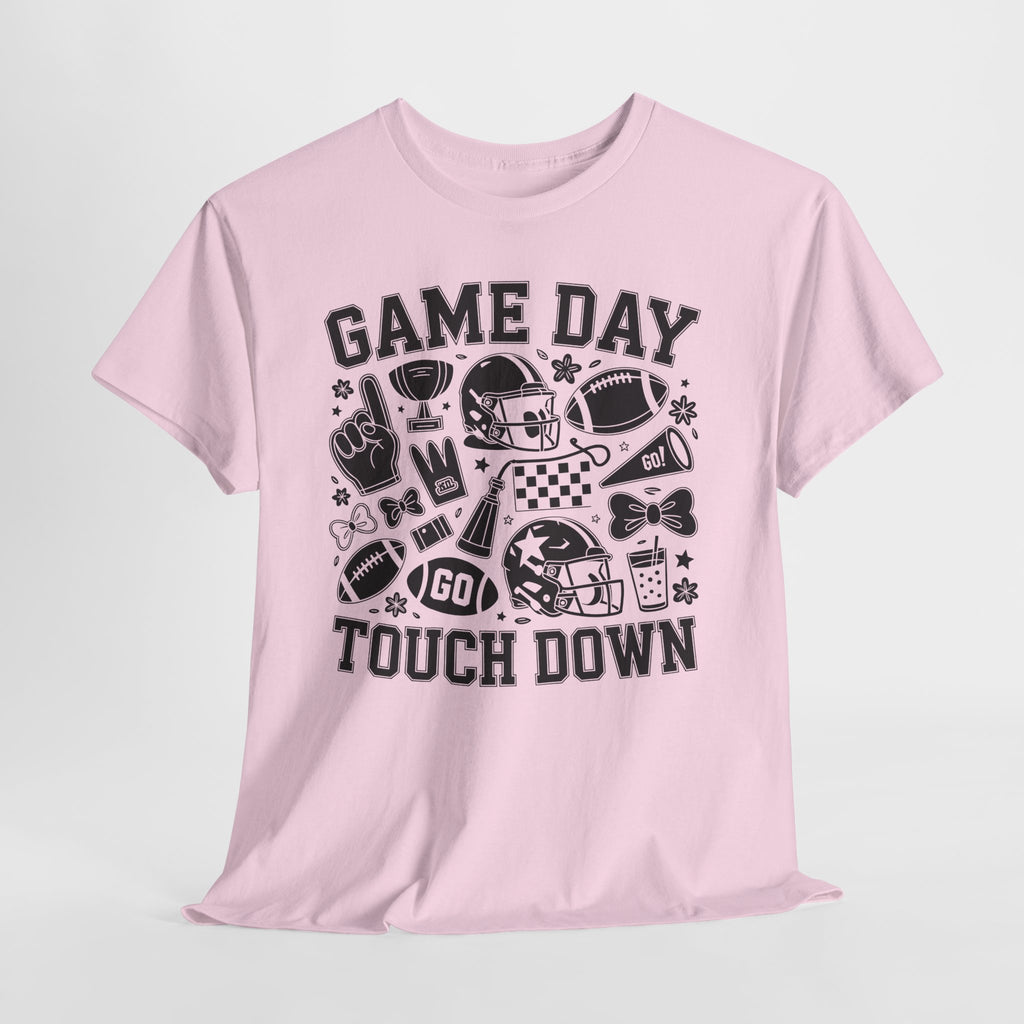 Game Day Touch Down Football T‑Shirt — Helmet & Cheer Monochrome Design Unisex Cotton Tee