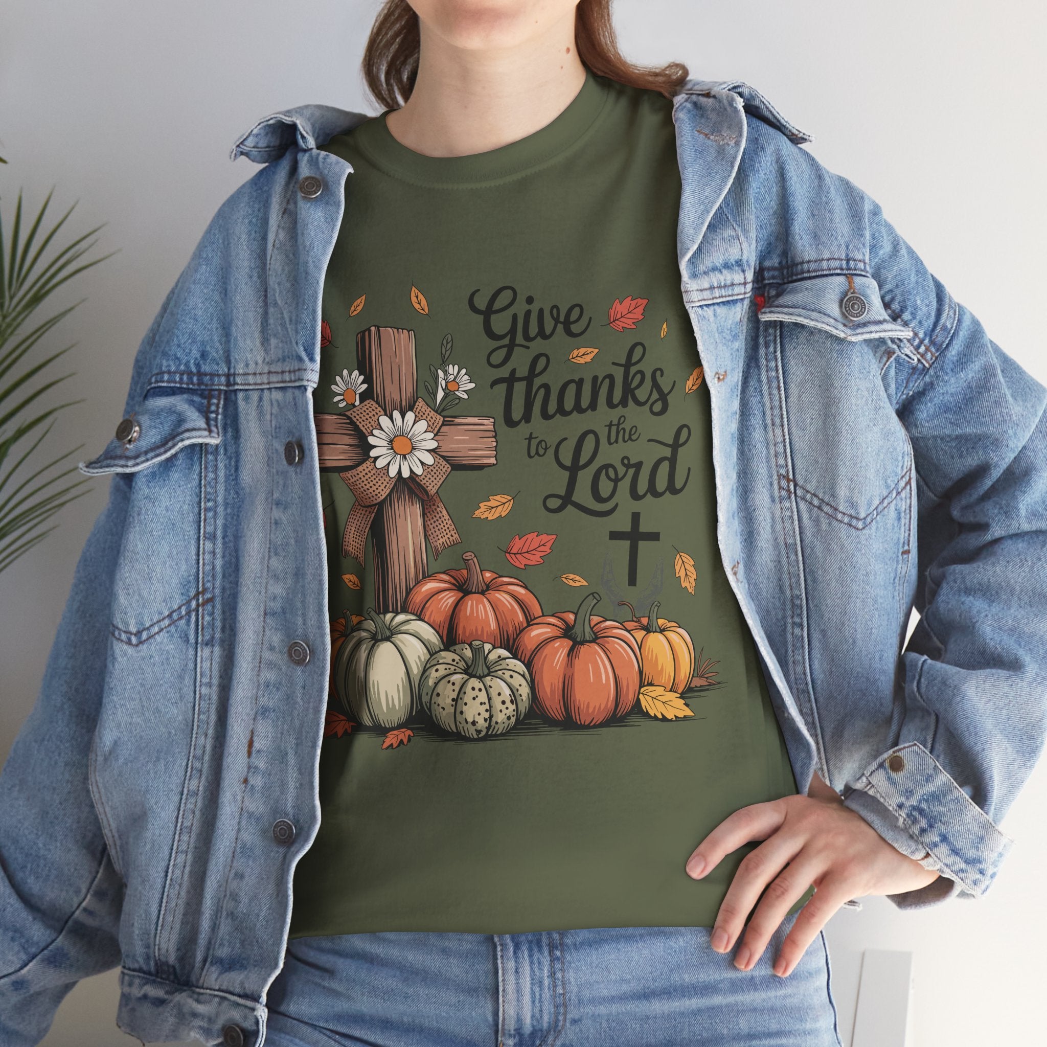 Give Thanks to the Lord Autumn Tee — Wooden Cross, Pumpkins & Daisies..Unisex Cotton Tee