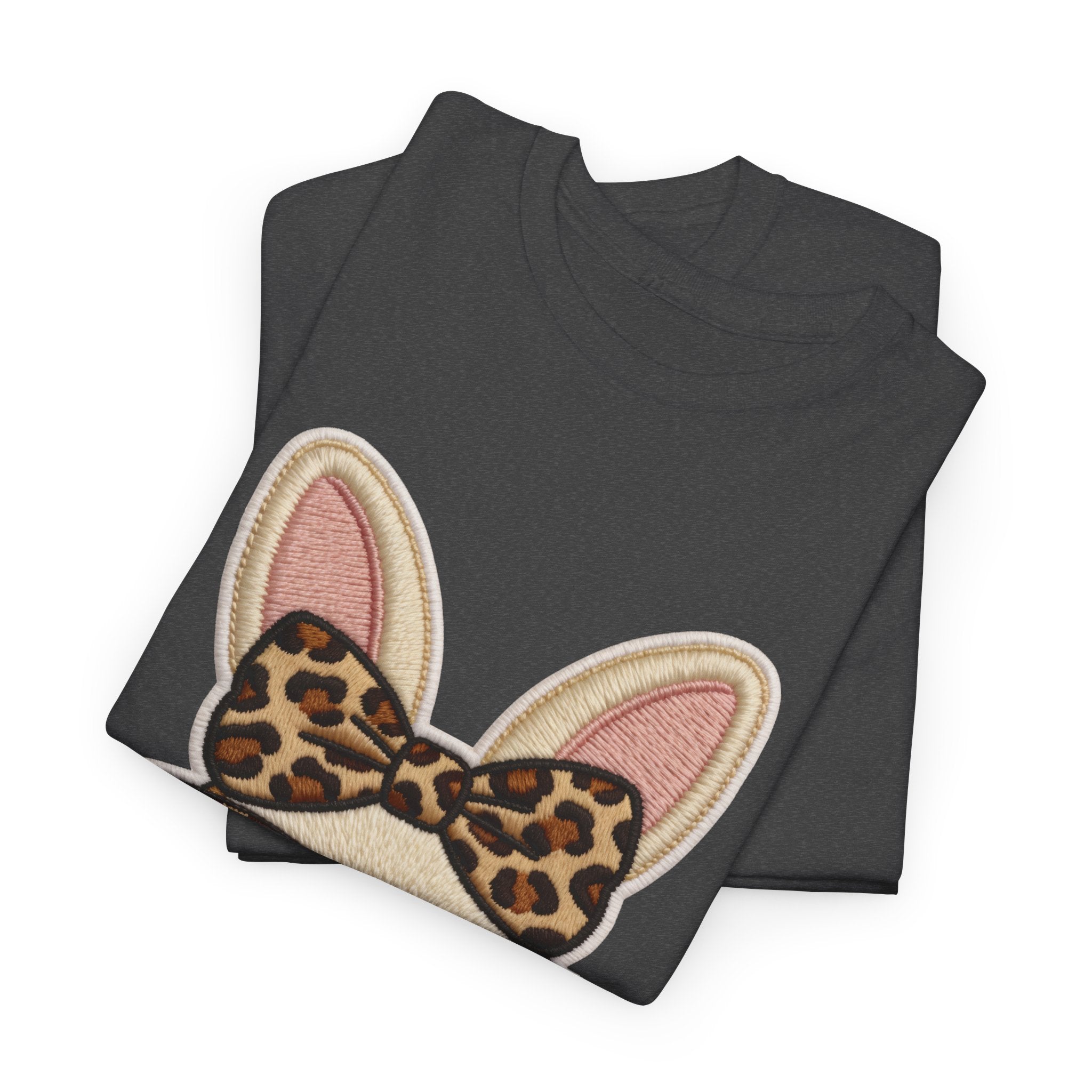 Leopard Bow Bunny Embroidered Tee — Cute Bunny Face with Glasses Patch Unisex Cotton Tee