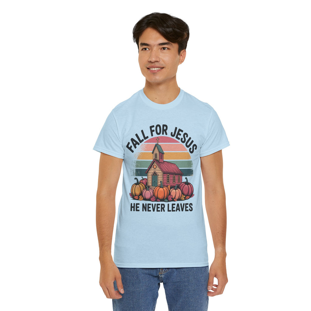 Jesus Leopard Print Fall T-Shirt — Pumpkins, Leaves & Floral Faith Unisex Cotton Tee