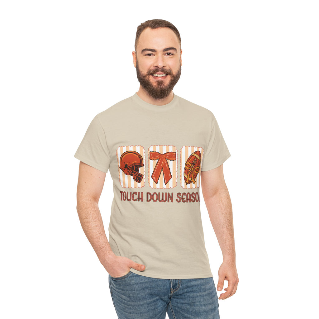 Touch Down Season Football Tee — Striped Fall Helmet & Bow Design Unisex Cotton Tee