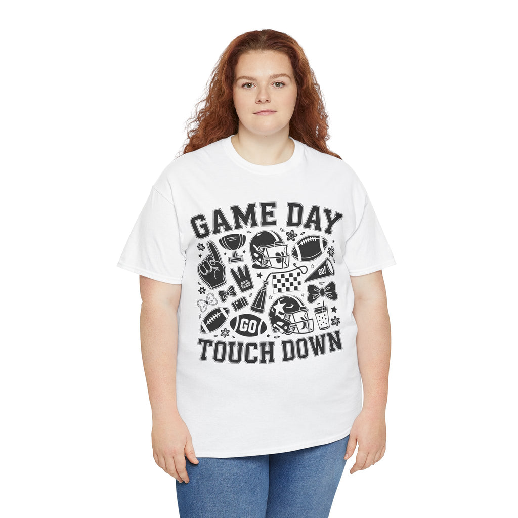 Game Day Touch Down Football T‑Shirt — Helmet & Cheer Monochrome Design Unisex Cotton Tee