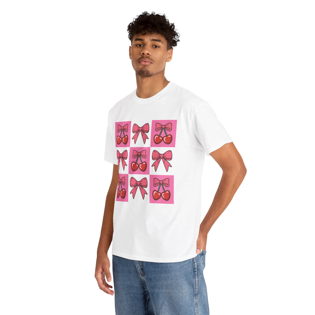 Cherry & Pink Bow Checkered Unisex Cotton Tee