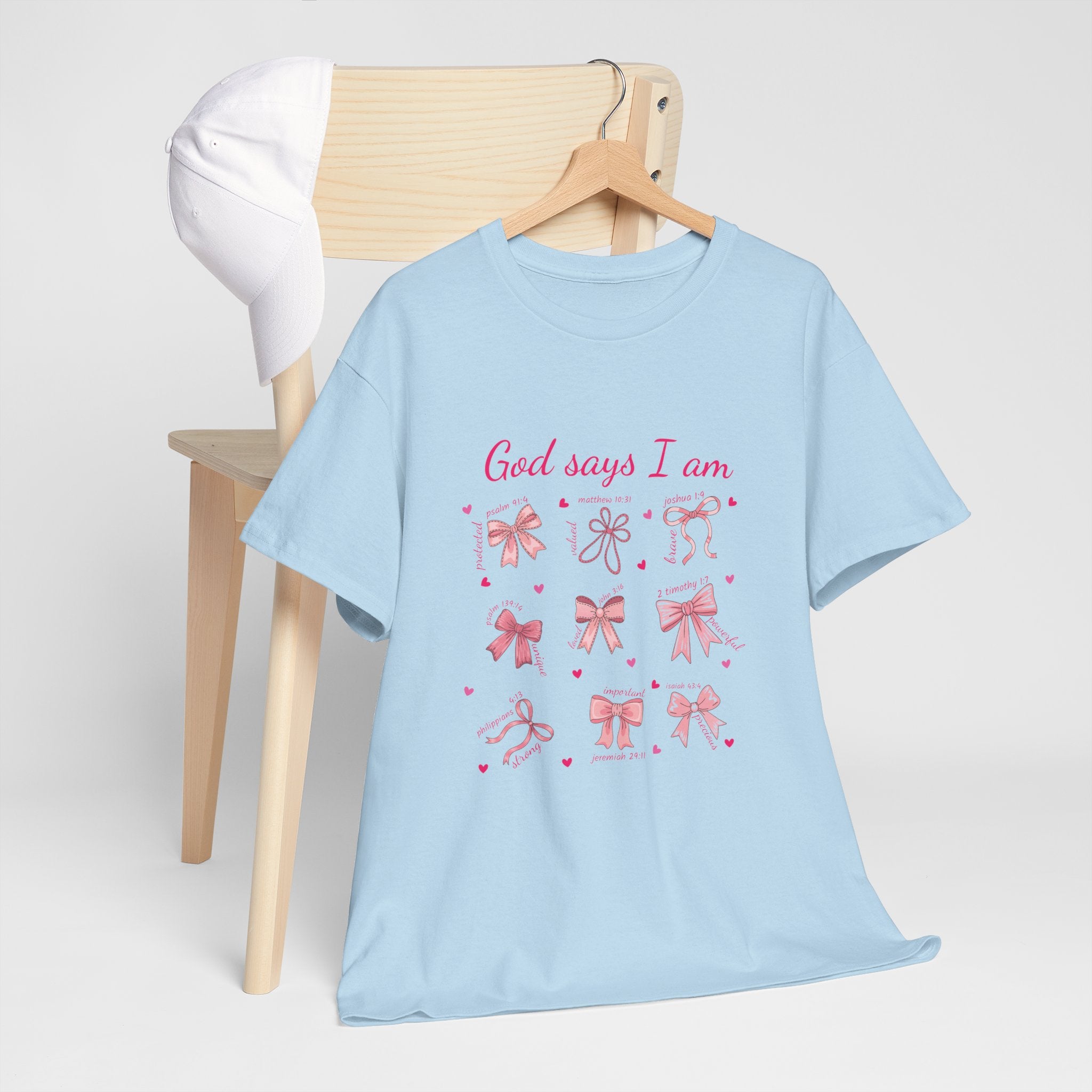 God Says I Am Christian Tee — Pink Affirmation T-Shirt with Bible Verse Bows.Unisex Cotton Tee
