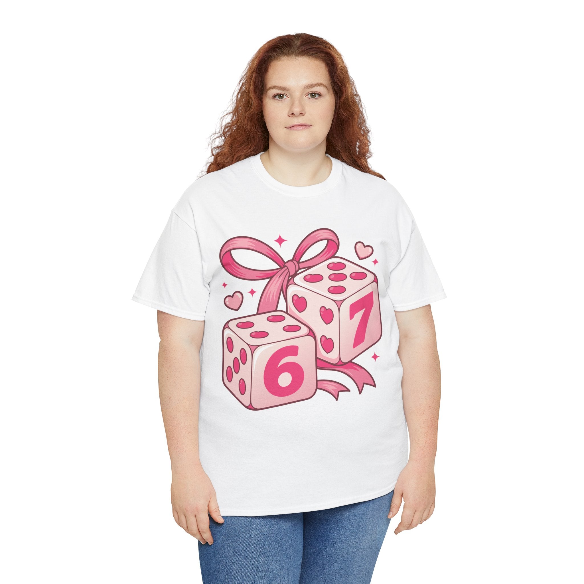 Lucky Love Dice T-Shirt — Pink Heart Dice with Bow..Unisex Cotton Tee
