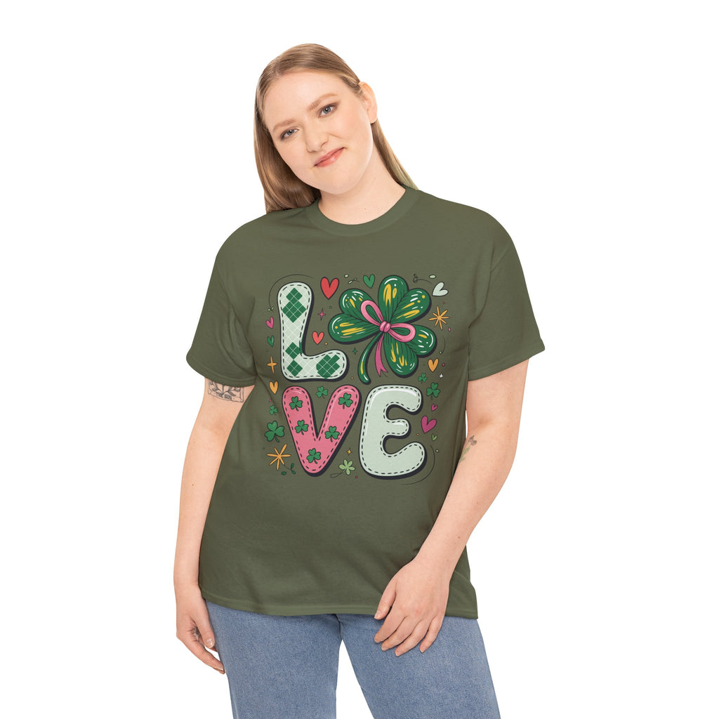 Stitched Clover 'LOVE' Tee — Heart & Patchwork St. Patrick's Unisex Cotton T-Shirt