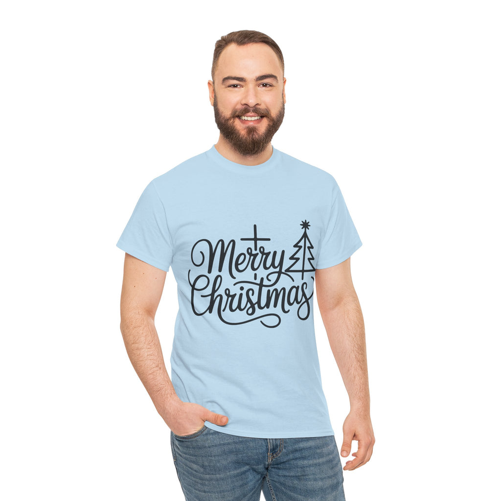 Merry Christmas Script T-Shirt with Cross & Tree(Unisex Cotton Tee)
