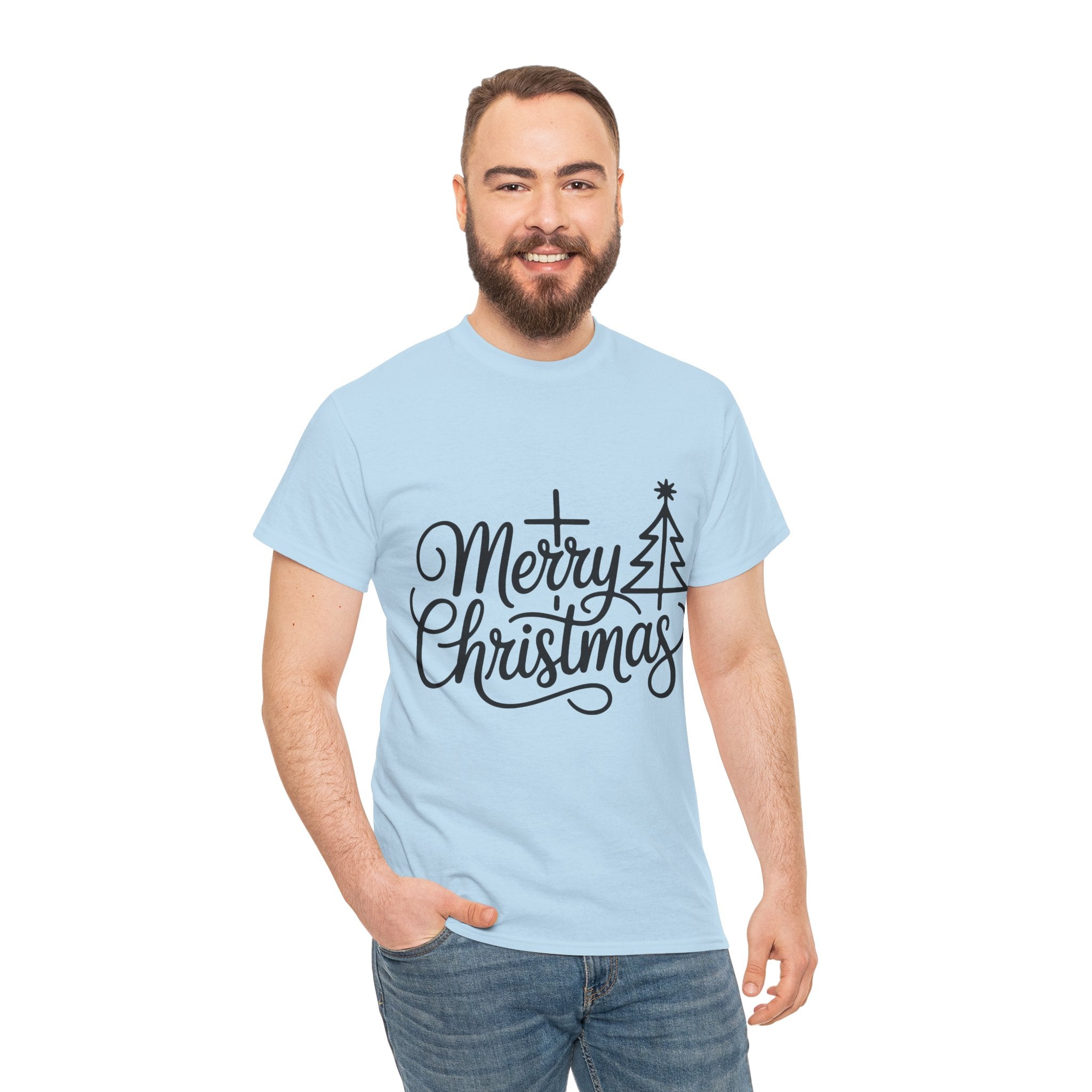 Merry Christmas Script T-Shirt with Cross & Tree(Unisex Cotton Tee)