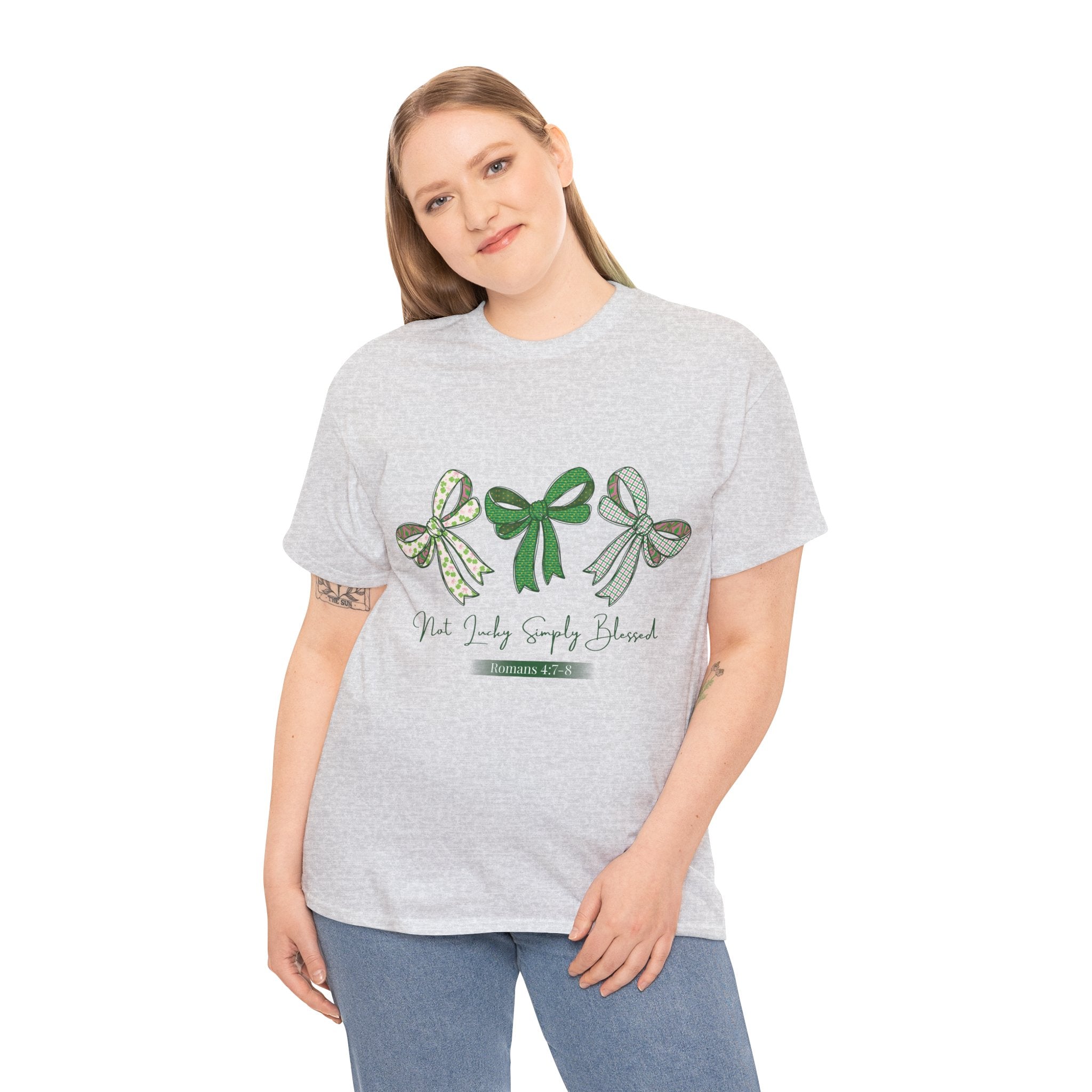 Not Lucky Simply Blessed Tee — Romans 4:7-8 Green Bow Christian Unisex Cotton T-Shirt