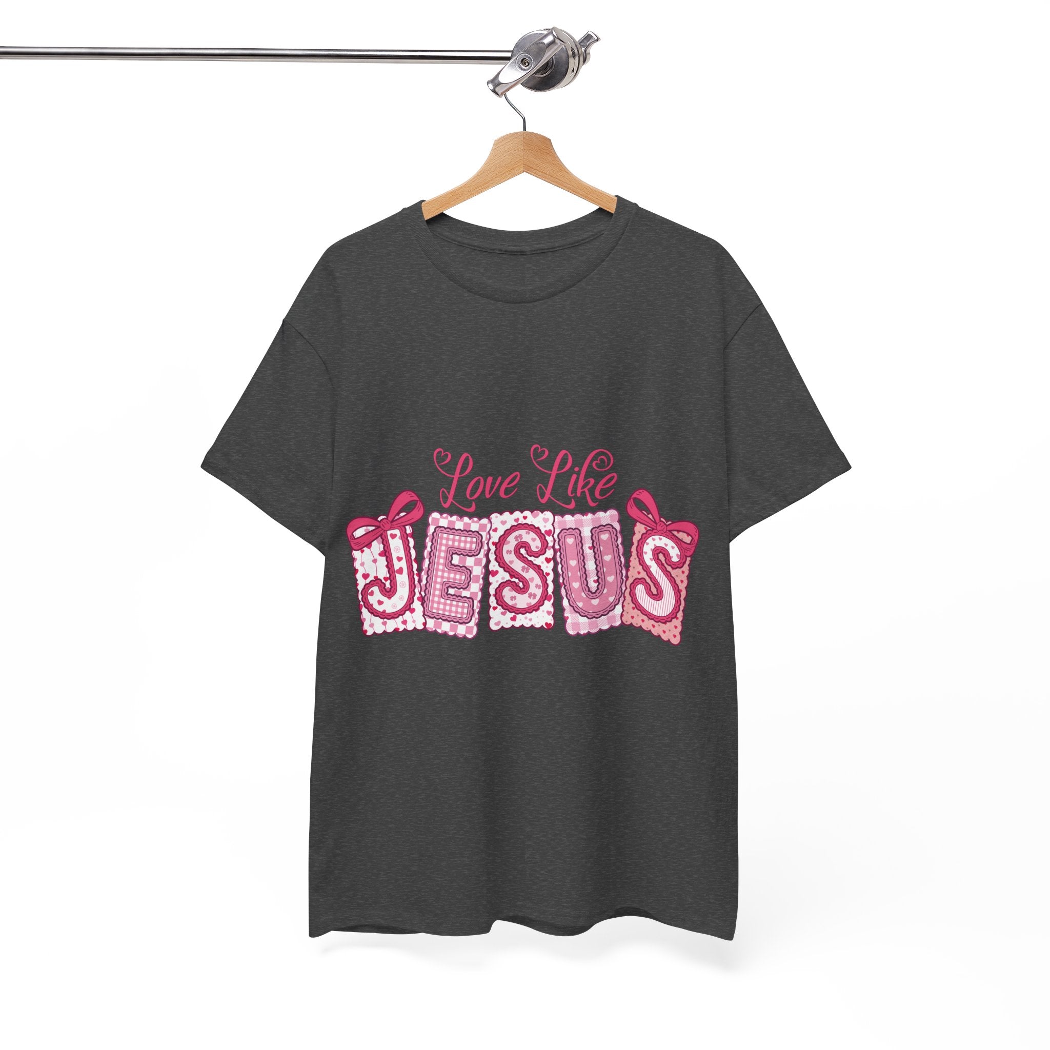Love Like Jesus Patchwork Tee — Pink Stitched Heart Graphic.Unisex Cotton Tee