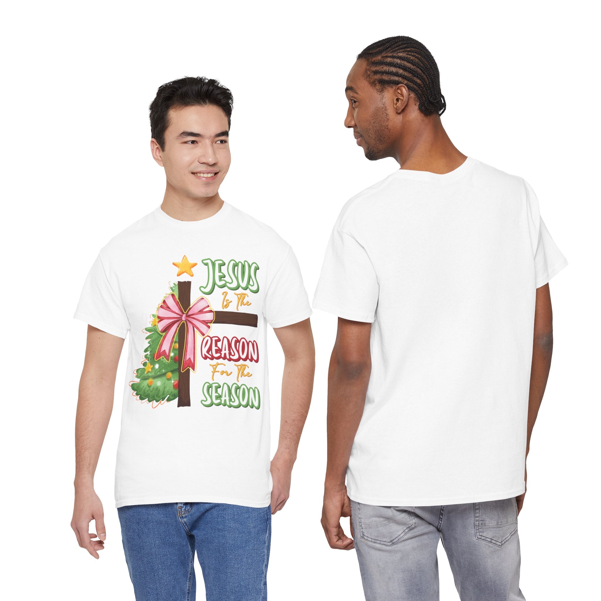 Jesus Is the Reason for the Season Christmas Tee — Cross with Pink Bow & Tree. Unisex Cotton Tee