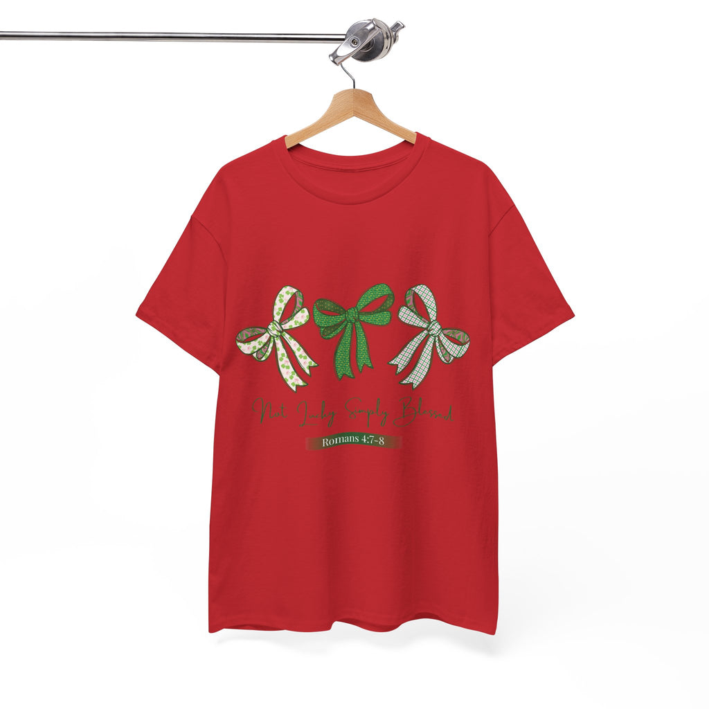 Not Lucky Simply Blessed Tee — Romans 4:7-8 Green Bow Christian Unisex Cotton T-Shirt