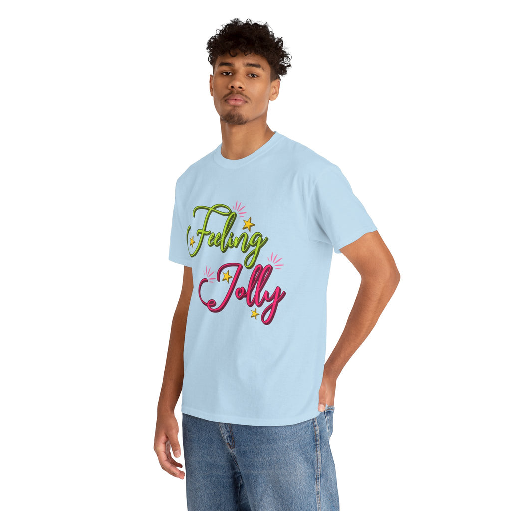 Feeling Jolly Tee — Festive Green & Pink Script with Yellow Stars Unisex Cotton Tee