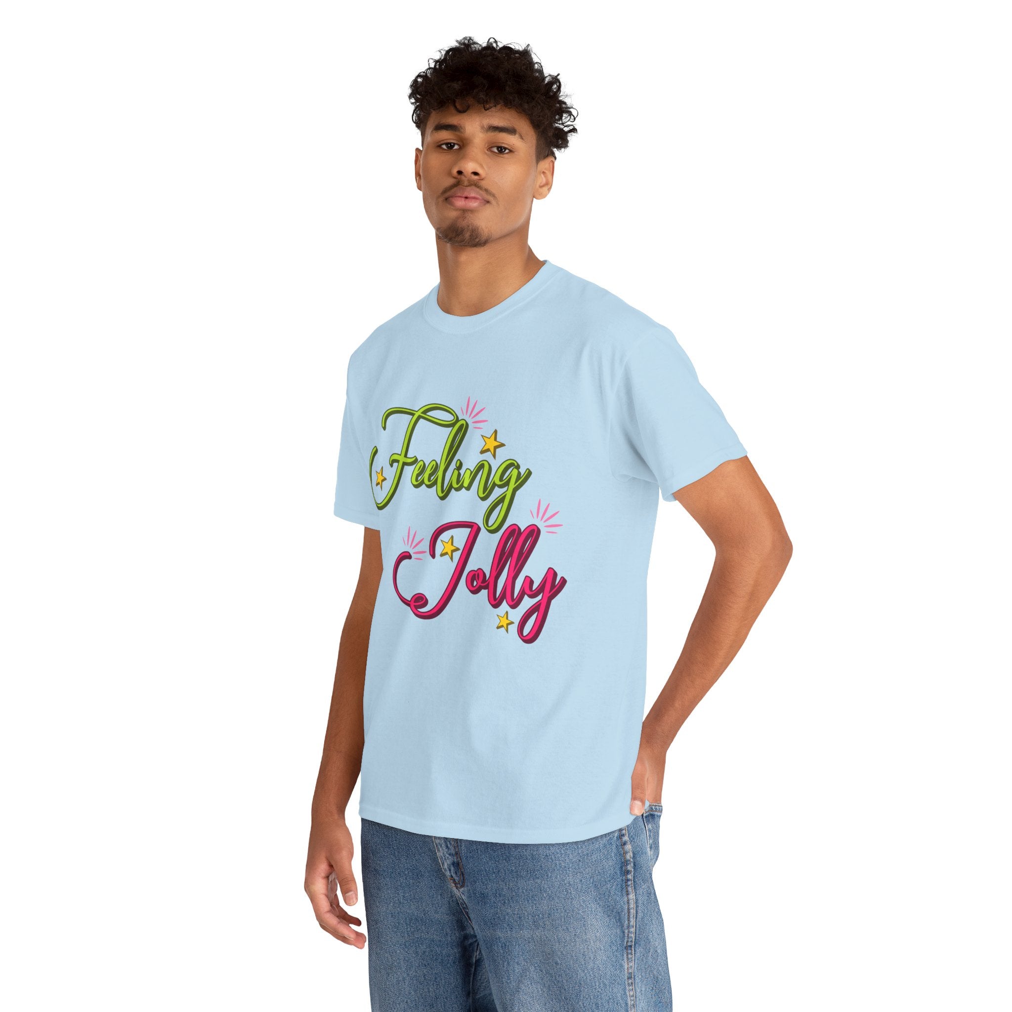 Feeling Jolly Tee — Festive Green & Pink Script with Yellow Stars Unisex Cotton Tee